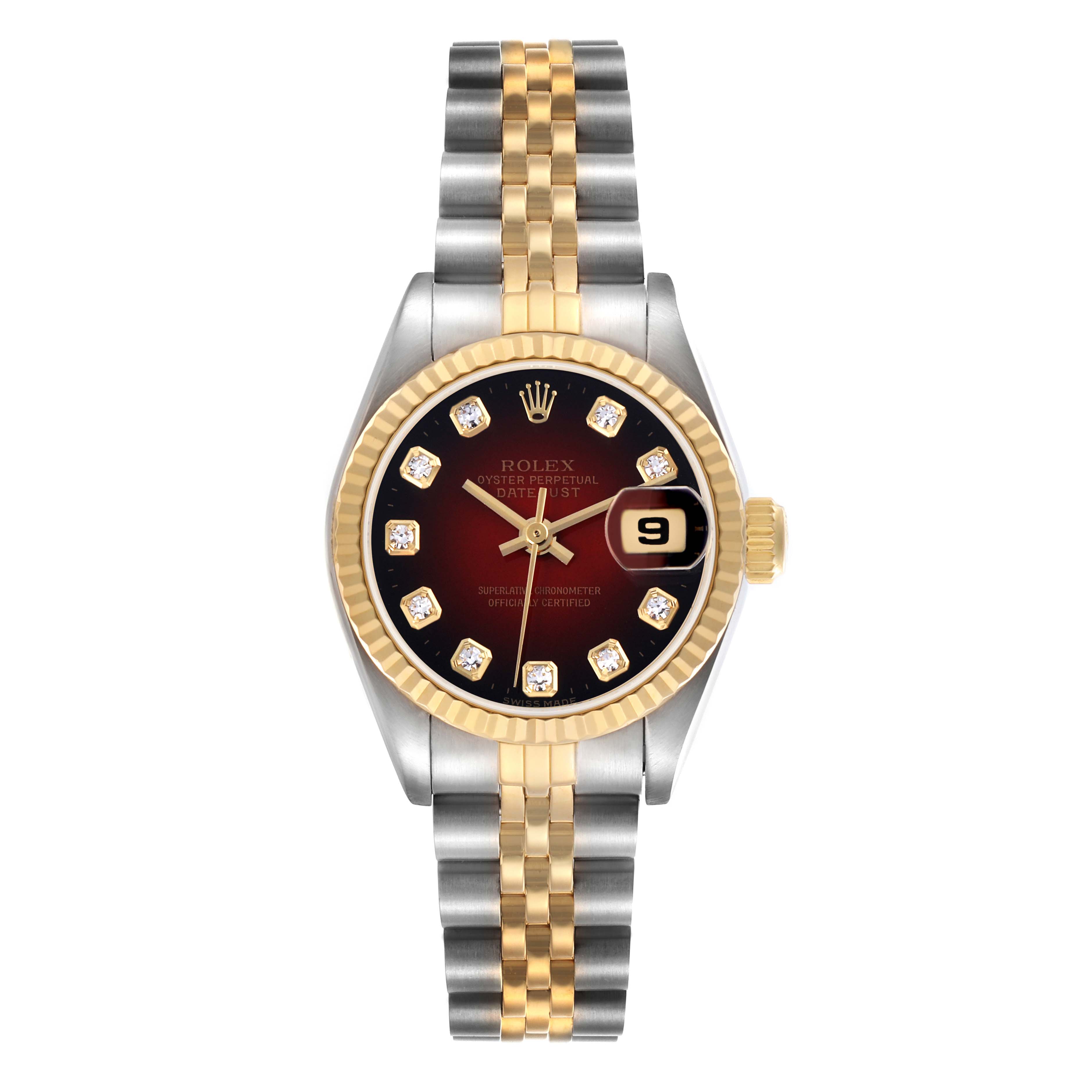The Rolex Datejust 69173 Women
s Steel and Gold (two tone) Red Dial 69173 Women
s Steel and Gold (two tone) Red Dial watch is shown from a top-down angle, highlighting its two-tone bracelet, fluted bezel, and diamond hour markers.