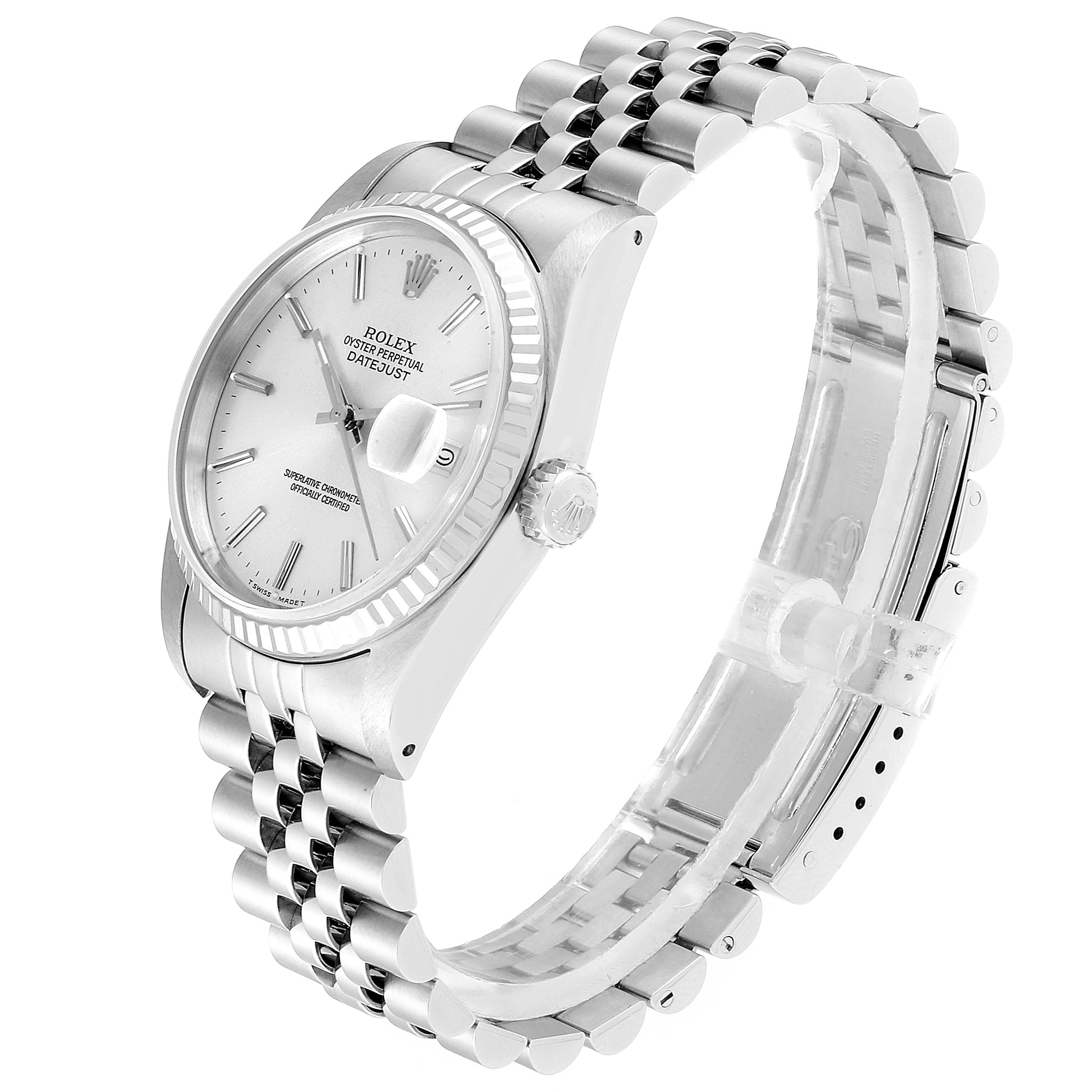 This image shows a side and partial front view of a Rolex Datejust 16234 Men's Stainless Steel Silver Dial 16234 Men's Stainless Steel Silver Dial watch, showcasing its dial, bracelet, and fluted bezel.