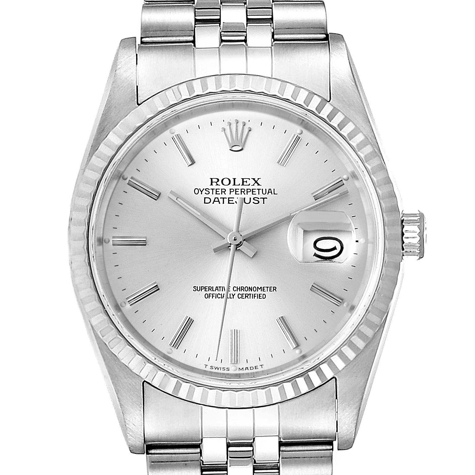 This is a front view of a Rolex Datejust 16234 Men's Stainless Steel Silver Dial 16234 Men's Stainless Steel Silver Dial watch displaying the dial, hands, bezel, crown, and bracelet.