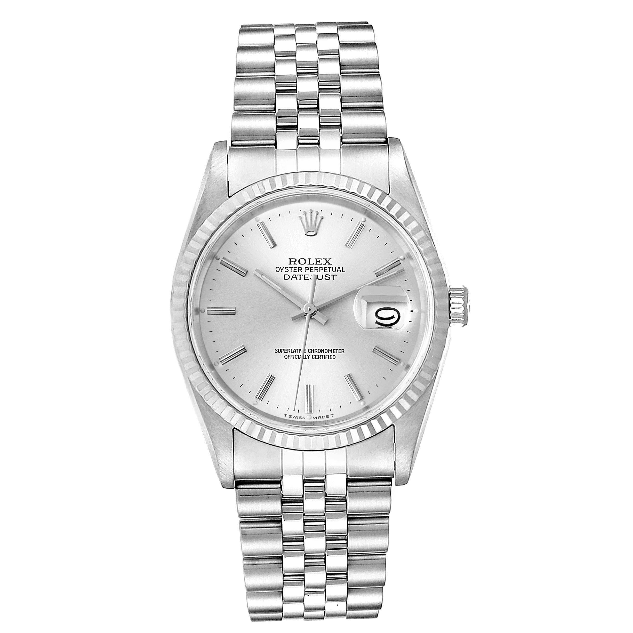 The image shows a front view of a Rolex Datejust 16234 Men's Stainless Steel Silver Dial 16234 Men's Stainless Steel Silver Dial watch, featuring its dial, bracelet, and date window.