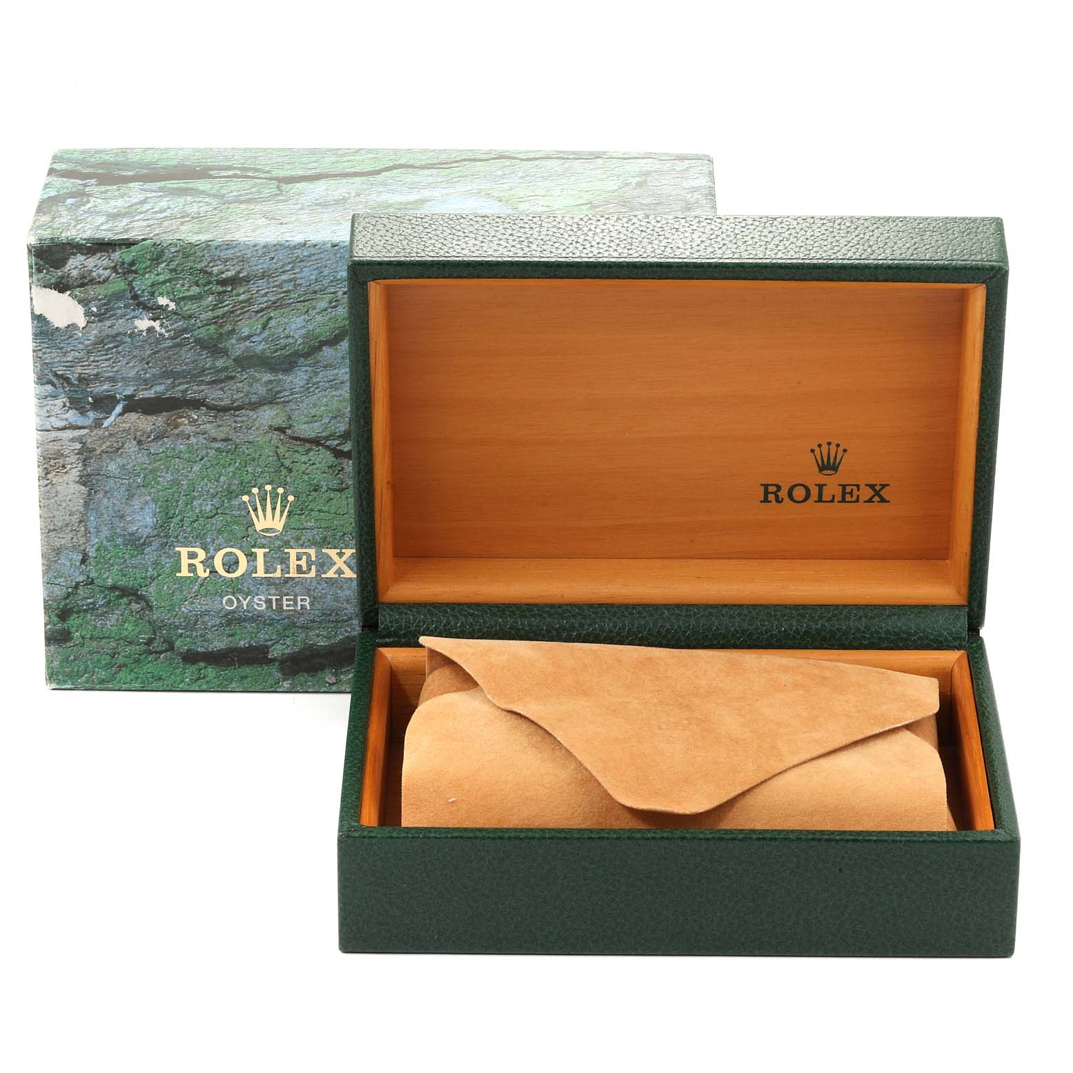 The image shows a Rolex Oyster box for the Datejust model, featuring an open green and wood-like interior and an outer box with a marble pattern.