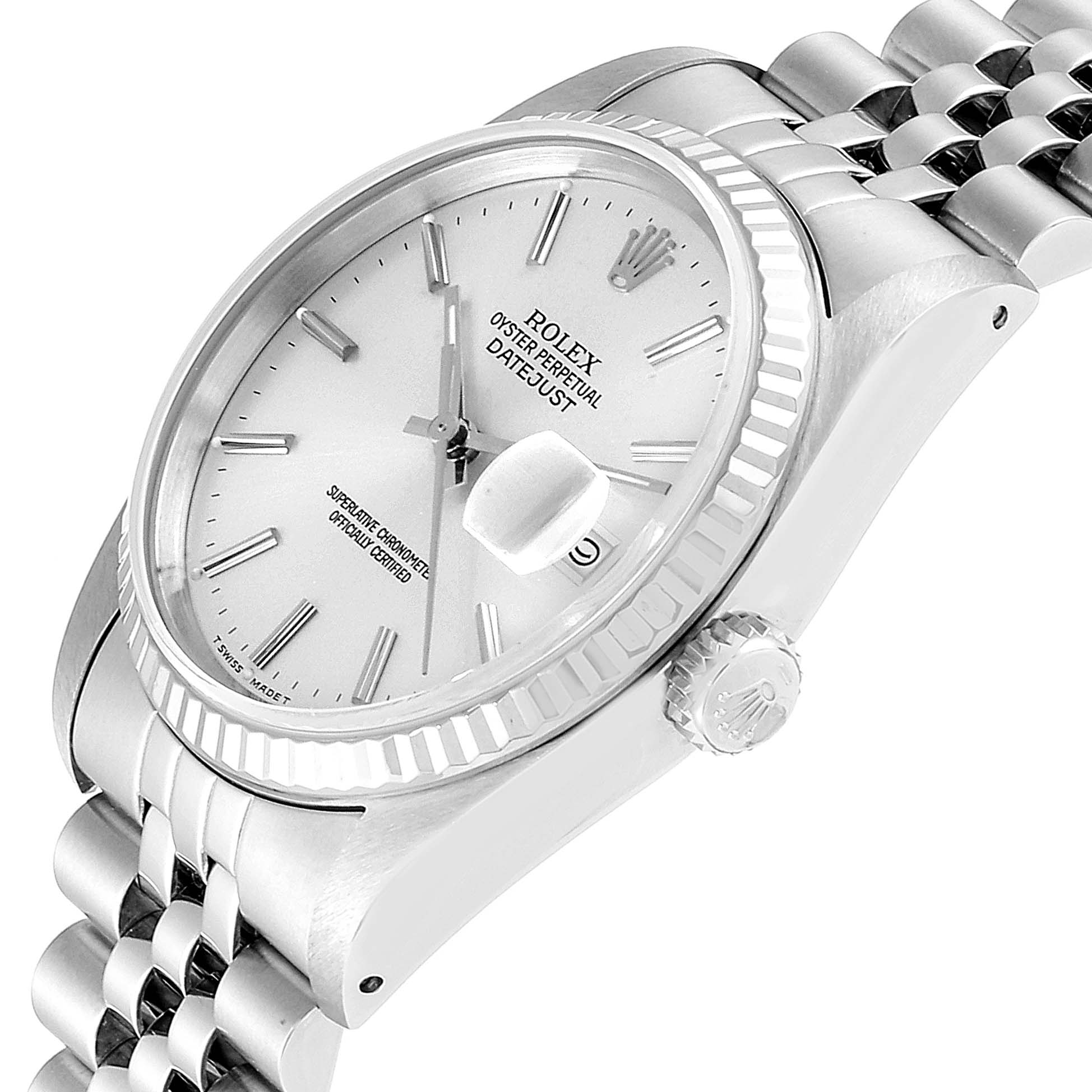 The image shows a close-up view of the Rolex Datejust 16234 Men's Stainless Steel Silver Dial 16234 Men's Stainless Steel Silver Dial watch, highlighting the face, bezel, crown, and part of the bracelet.