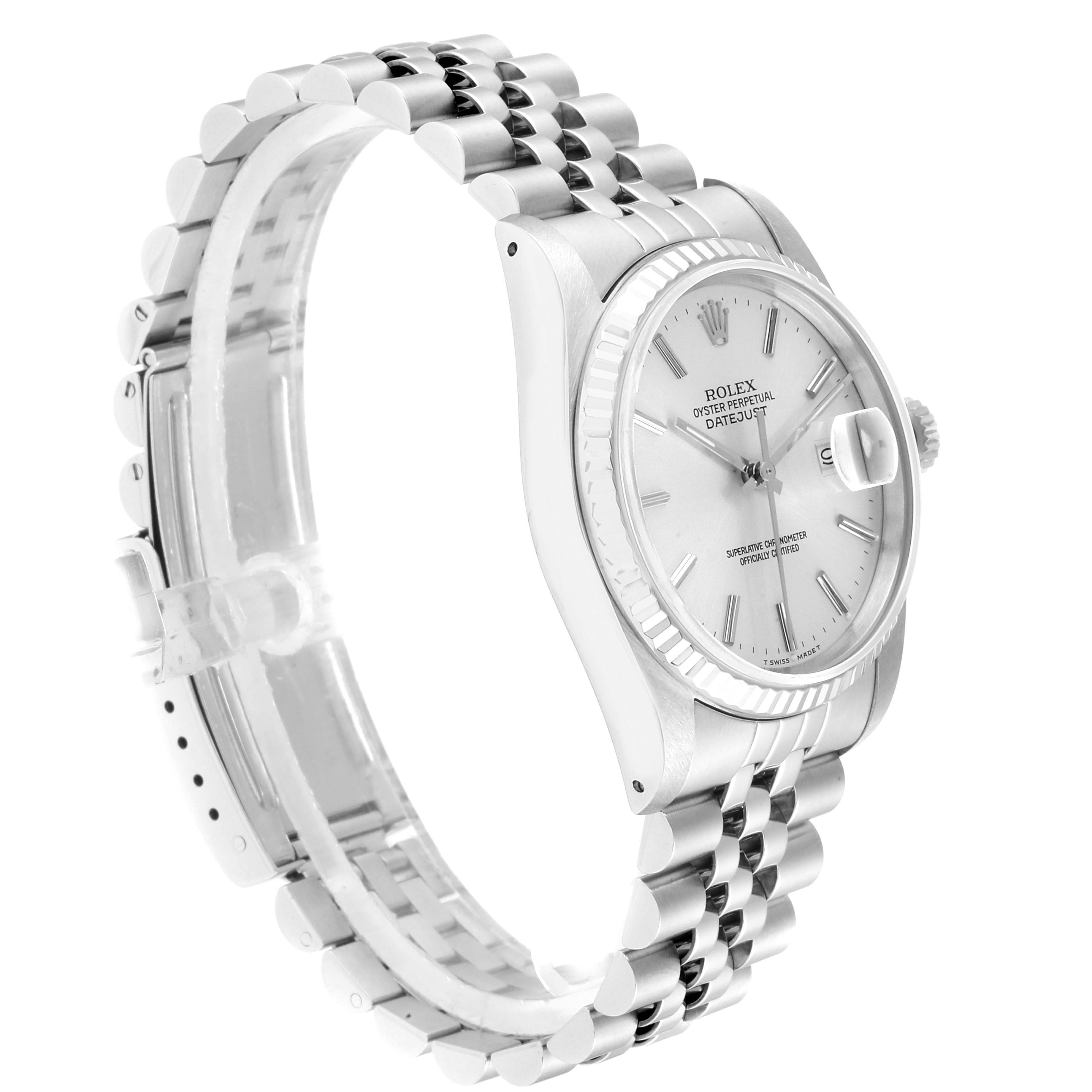 The image shows a side view of the Rolex Datejust 16234 Men's Stainless Steel Silver Dial 16234 Men's Stainless Steel Silver Dial watch, including its face, bezel, and part of the bracelet.