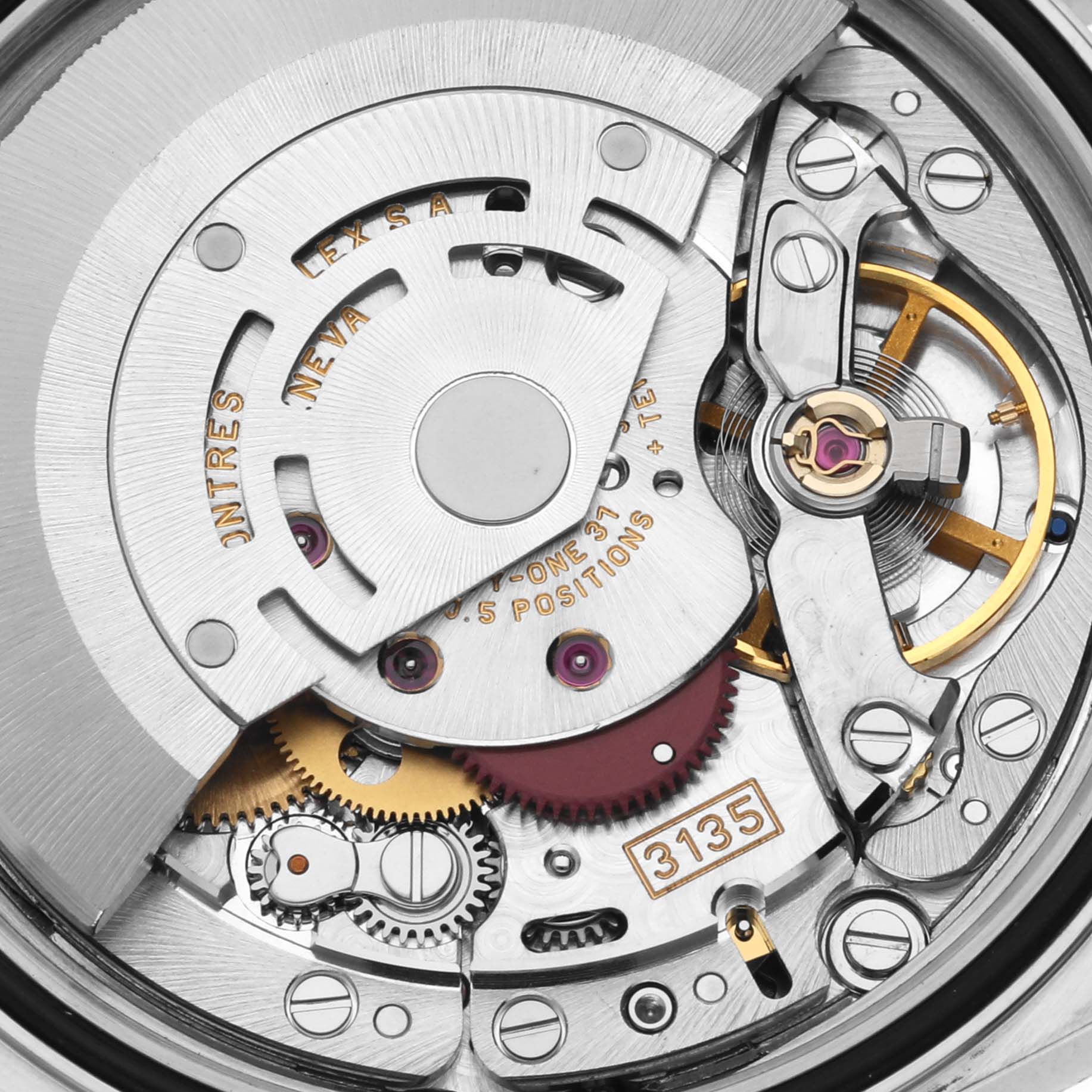 The image shows a close-up view of the inner mechanical movement of a Rolex Datejust 16234 Men's Stainless Steel Silver Dial 16234 Men's Stainless Steel Silver Dial watch, focusing on the rotor and gears.