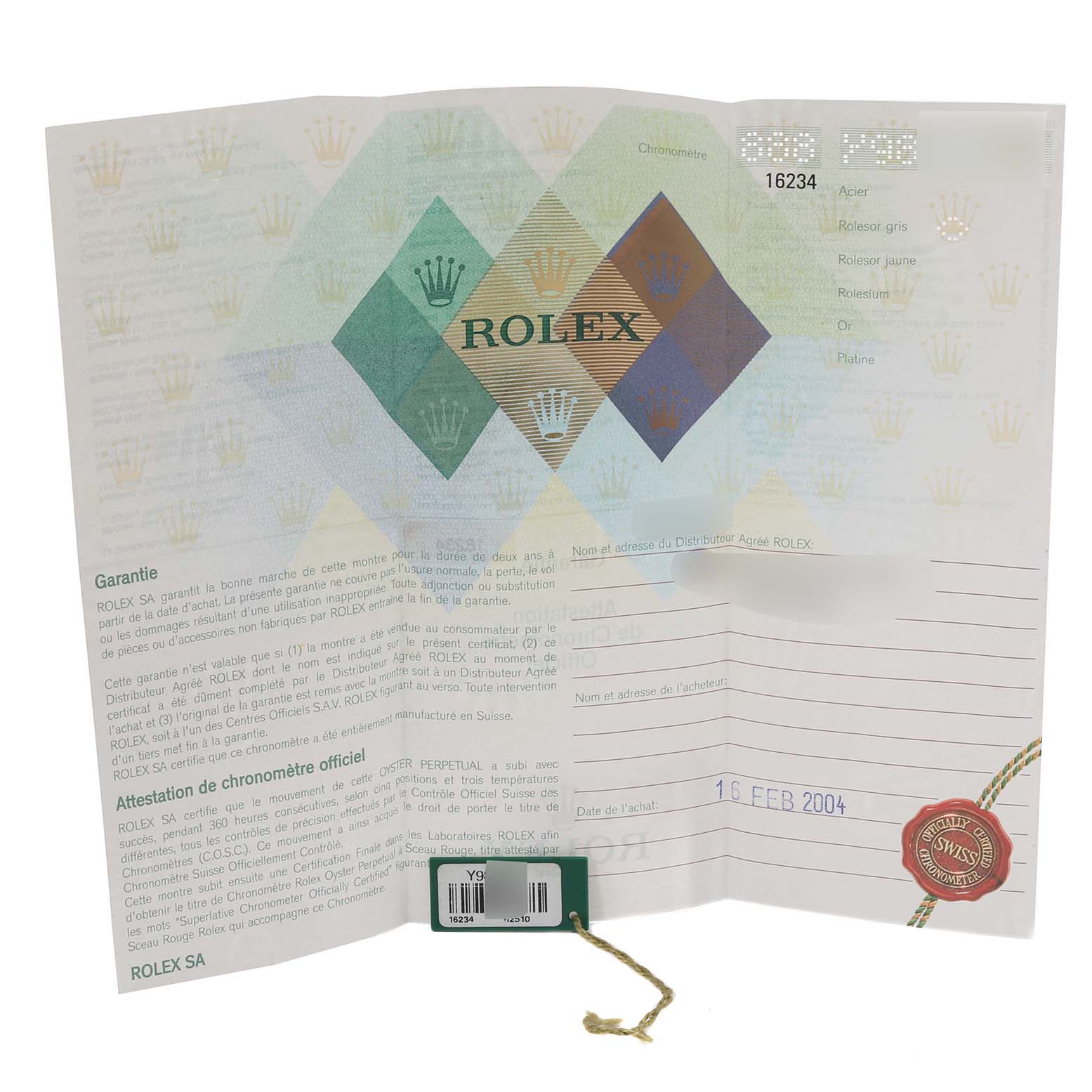 The image shows the warranty and certification papers for a Rolex Datejust 16234 Men's Stainless Steel Silver Dial 16234 Men's Stainless Steel Silver Dial model watch, along with its serial number tag.