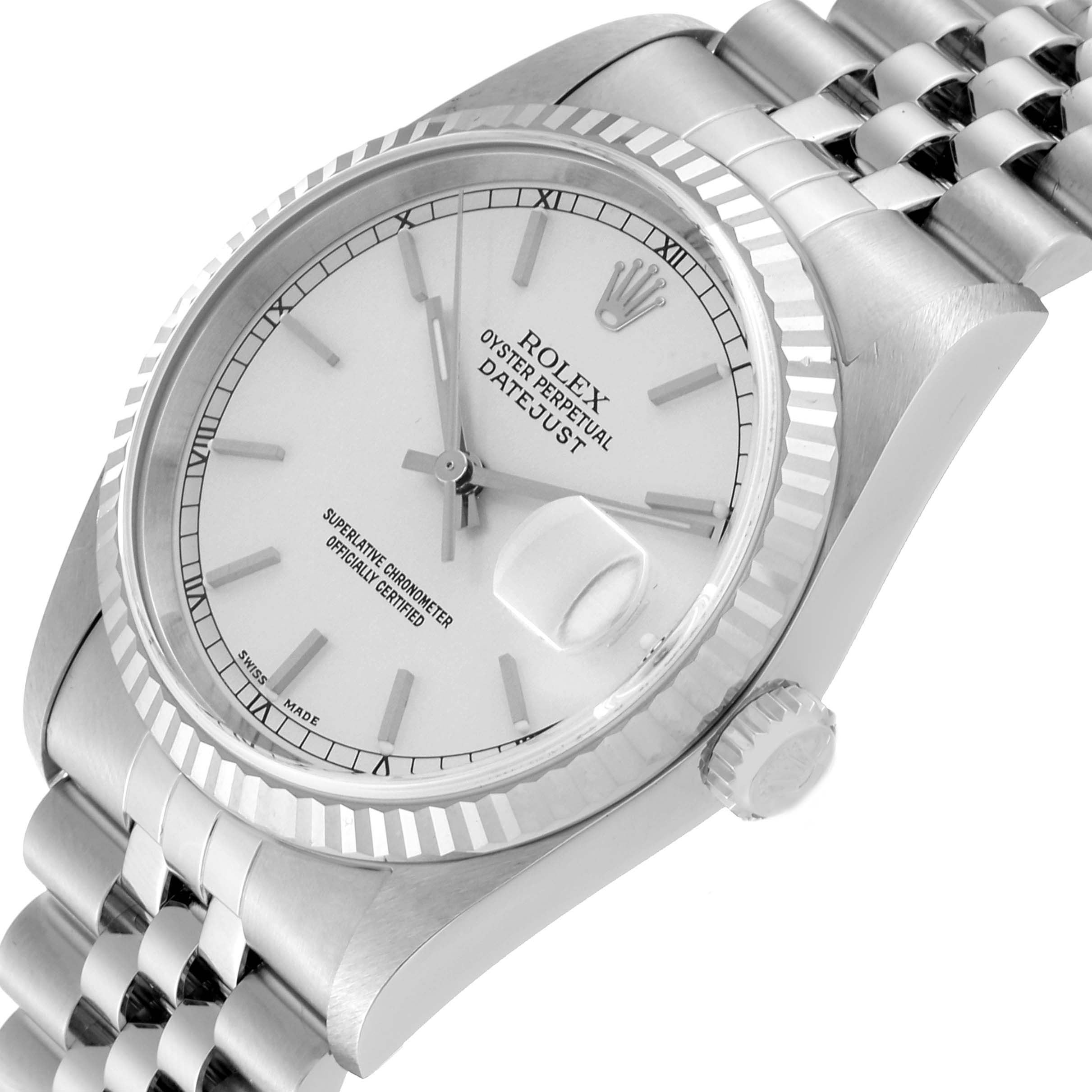 The image shows a close-up angle of a Rolex Datejust 16234 Men's Stainless Steel Silver Dial 16234 Men's Stainless Steel Silver Dial watch, highlighting the face, bezel, crown, and part of the bracelet.