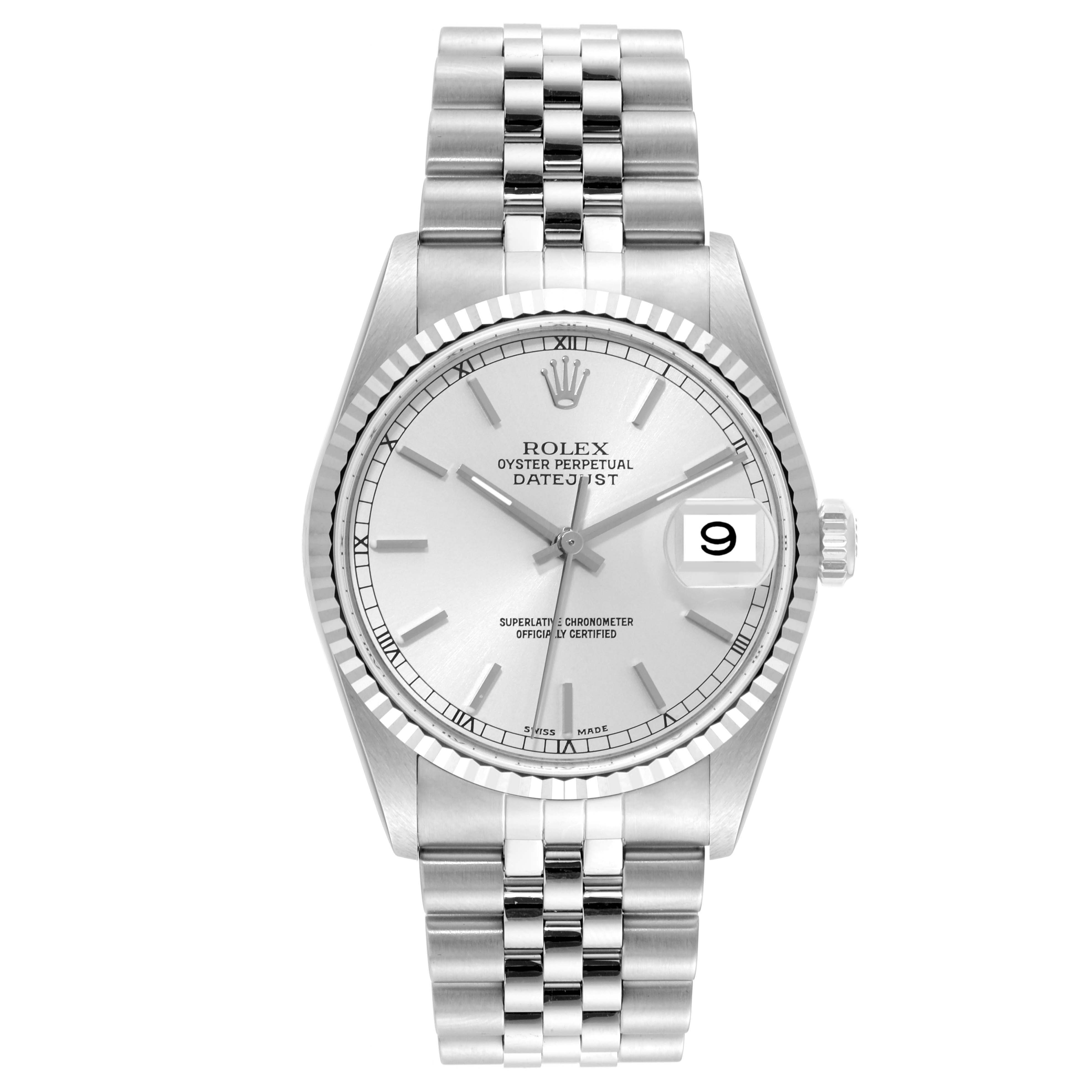 The image shows a frontal view of a Rolex Datejust 16234 Men's Stainless Steel Silver Dial 16234 Men's Stainless Steel Silver Dial watch, featuring its face, bezel, and bracelet.