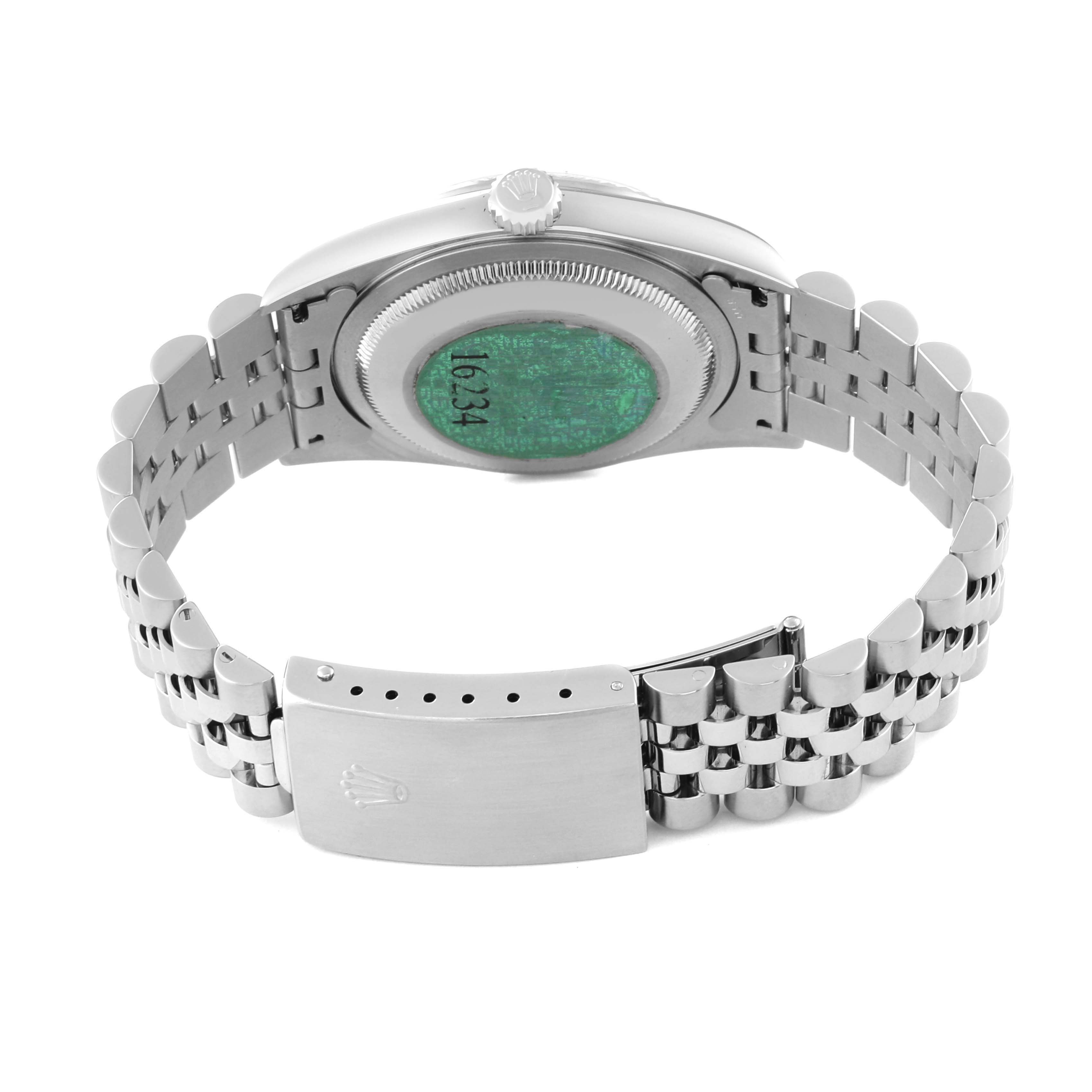 The image shows the back of a Rolex Datejust 16234 Men's Stainless Steel Silver Dial 16234 Men's Stainless Steel Silver Dial watch, highlighting the case back, bracelet, and clasp.