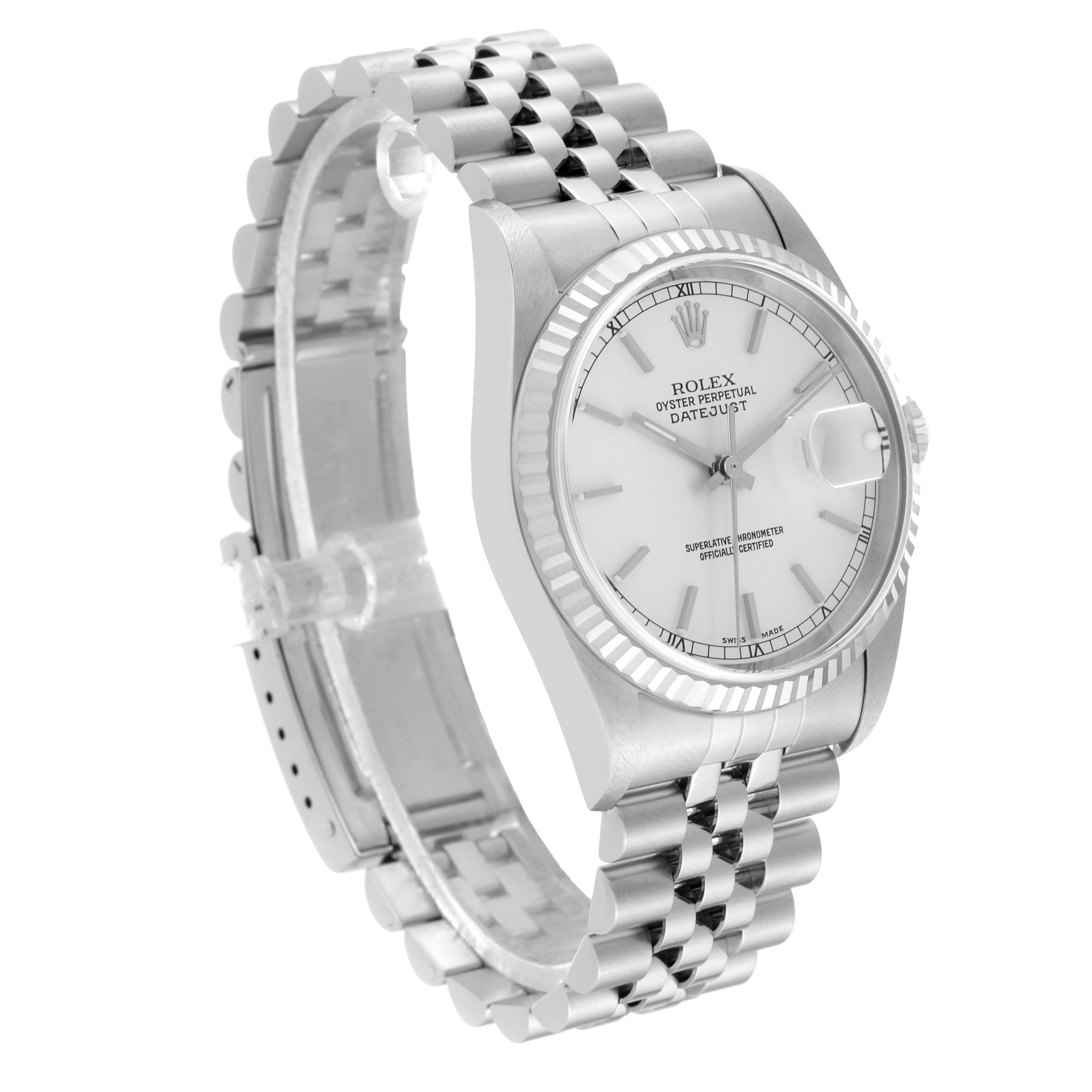 The image shows a Rolex Datejust 16234 Men's Stainless Steel Silver Dial 16234 Men's Stainless Steel Silver Dial watch angled from the front and slightly to the left, highlighting its face, fluted bezel, and Jubilee bracelet.