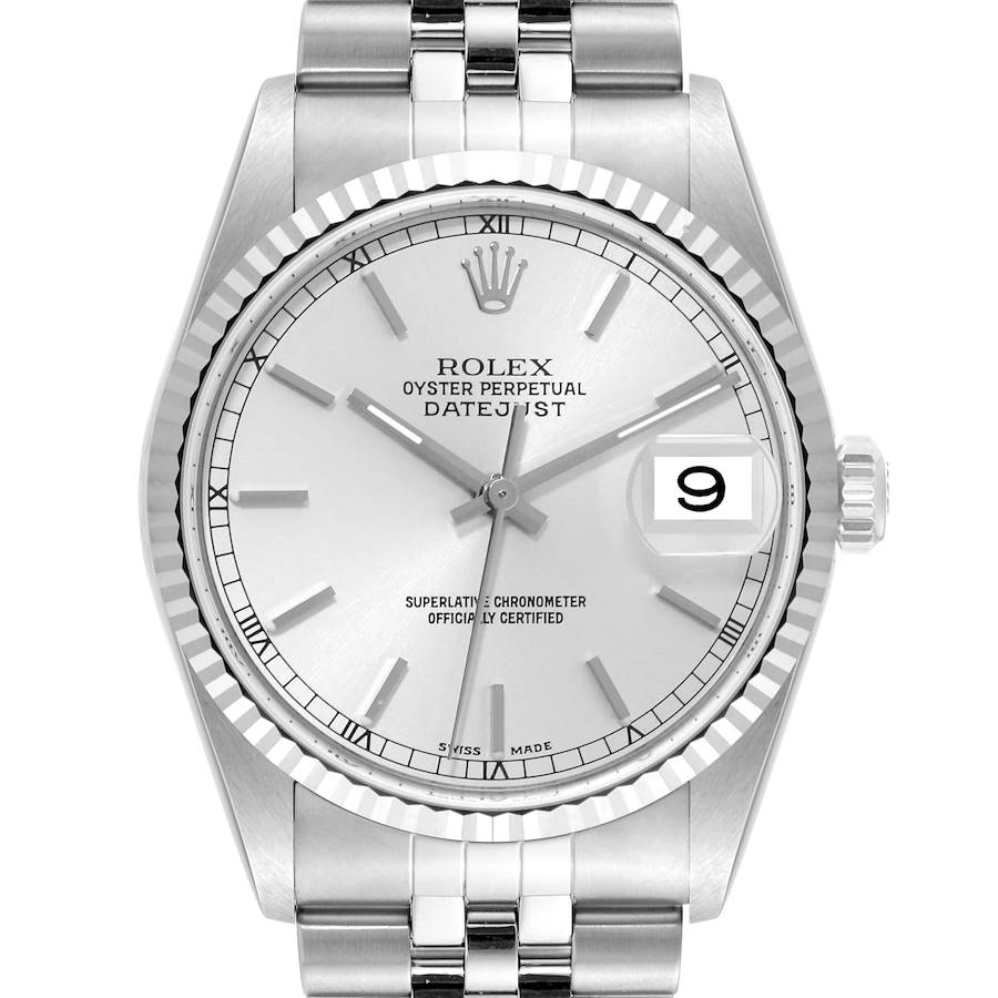 The image shows a Rolex Datejust watch, viewed from the front, highlighting the face, bezel, and part of the bracelet.