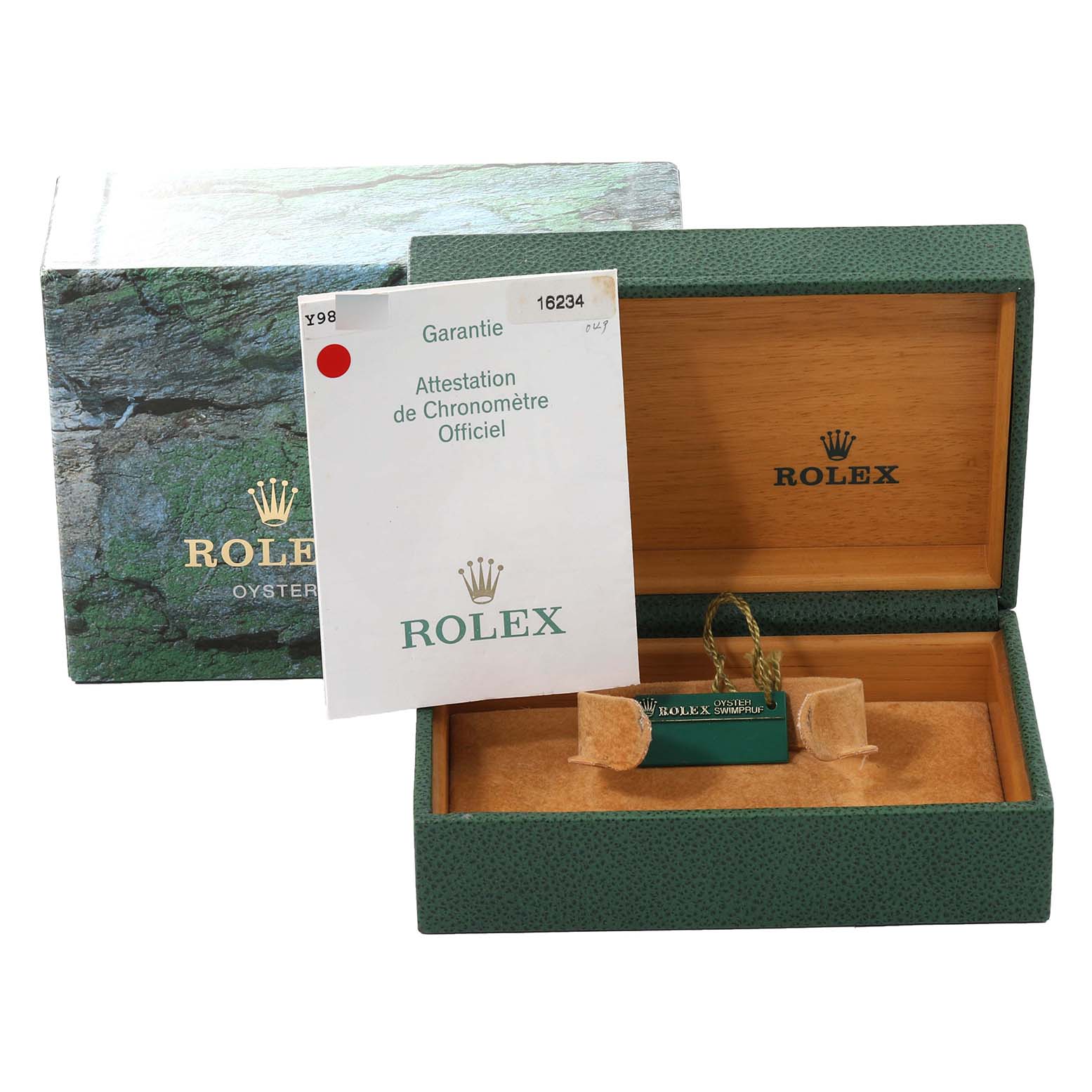 The image shows the open box and warranty card for the Rolex Datejust 16234 Men's Stainless Steel Silver Dial 16234 Men's Stainless Steel Silver Dial watch, with the box lid partially open to display the logo.