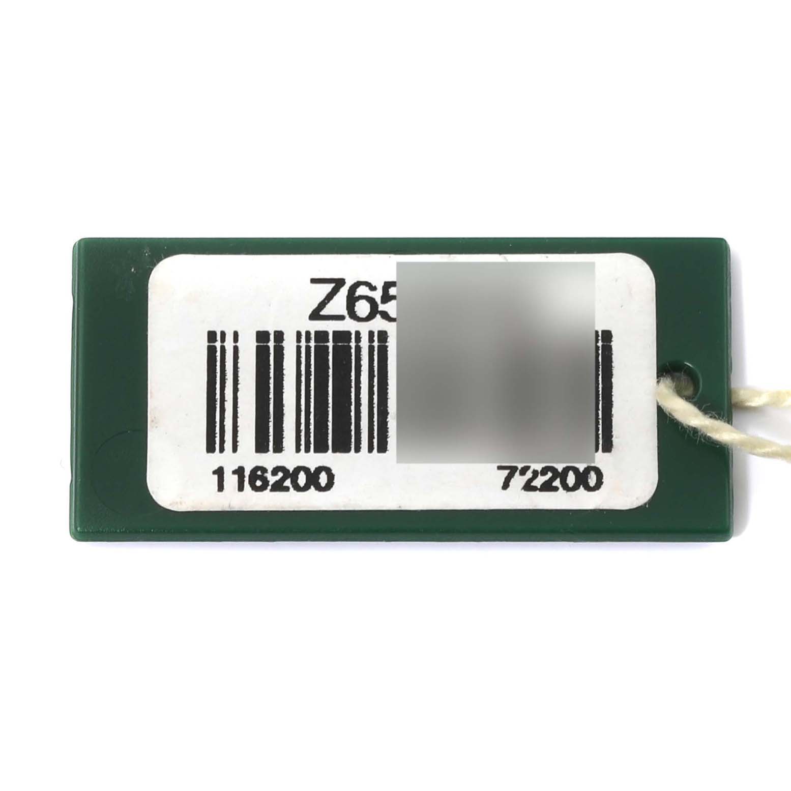 This image shows a green Rolex Datejust 116200 Men
s Stainless Steel Silver Dial 116200 Men
s Stainless Steel Silver Dial model tag with barcodes and model numbers.