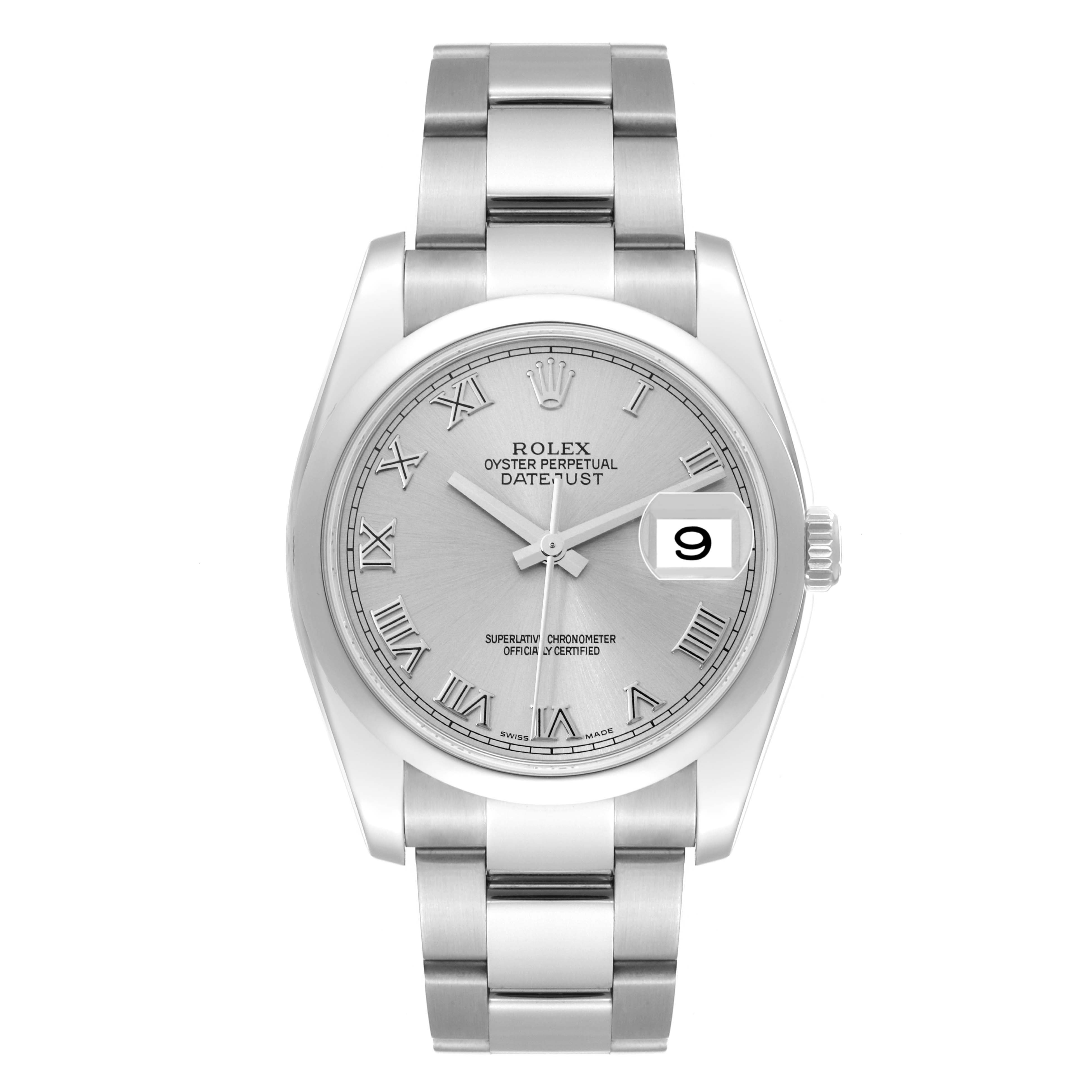 Front view of a Rolex Datejust 116200 Men
s Stainless Steel Silver Dial 116200 Men
s Stainless Steel Silver Dial watch showcasing the dial, Roman numerals, date window, and bracelet.