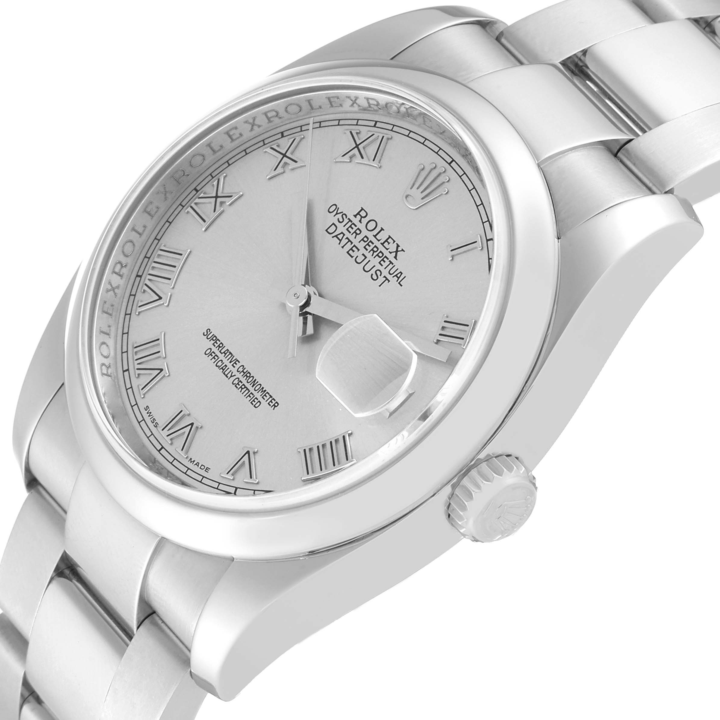 The image shows a close-up angle of a Rolex Datejust 116200 Men
s Stainless Steel Silver Dial 116200 Men
s Stainless Steel Silver Dial watch, highlighting its dial, bracelet, crown, and the date magnifier.
