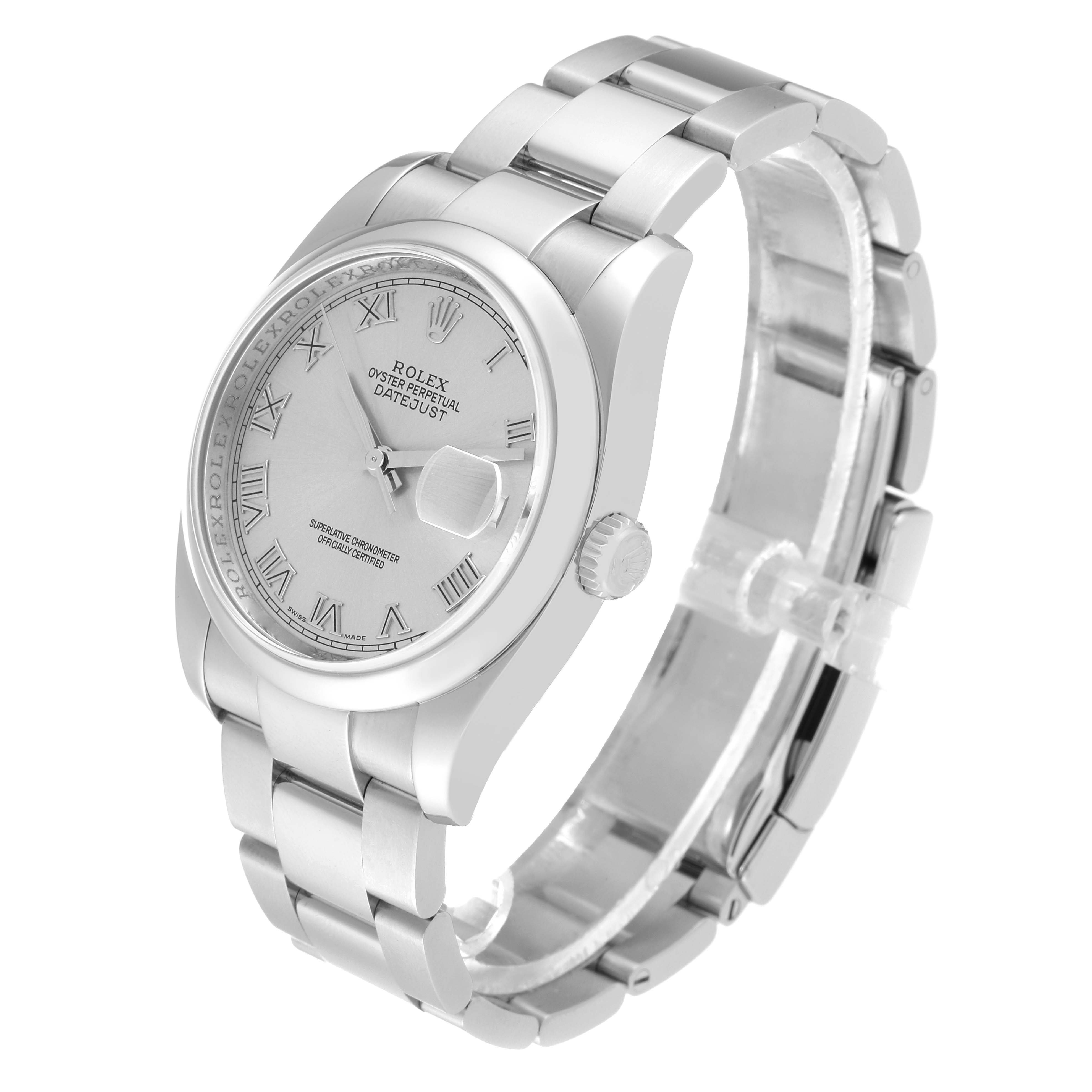 The image shows a Rolex Datejust 116200 Men
s Stainless Steel Silver Dial 116200 Men
s Stainless Steel Silver Dial watch at a three-quarter angle, featuring the watch face, bezel, case, and bracelet.