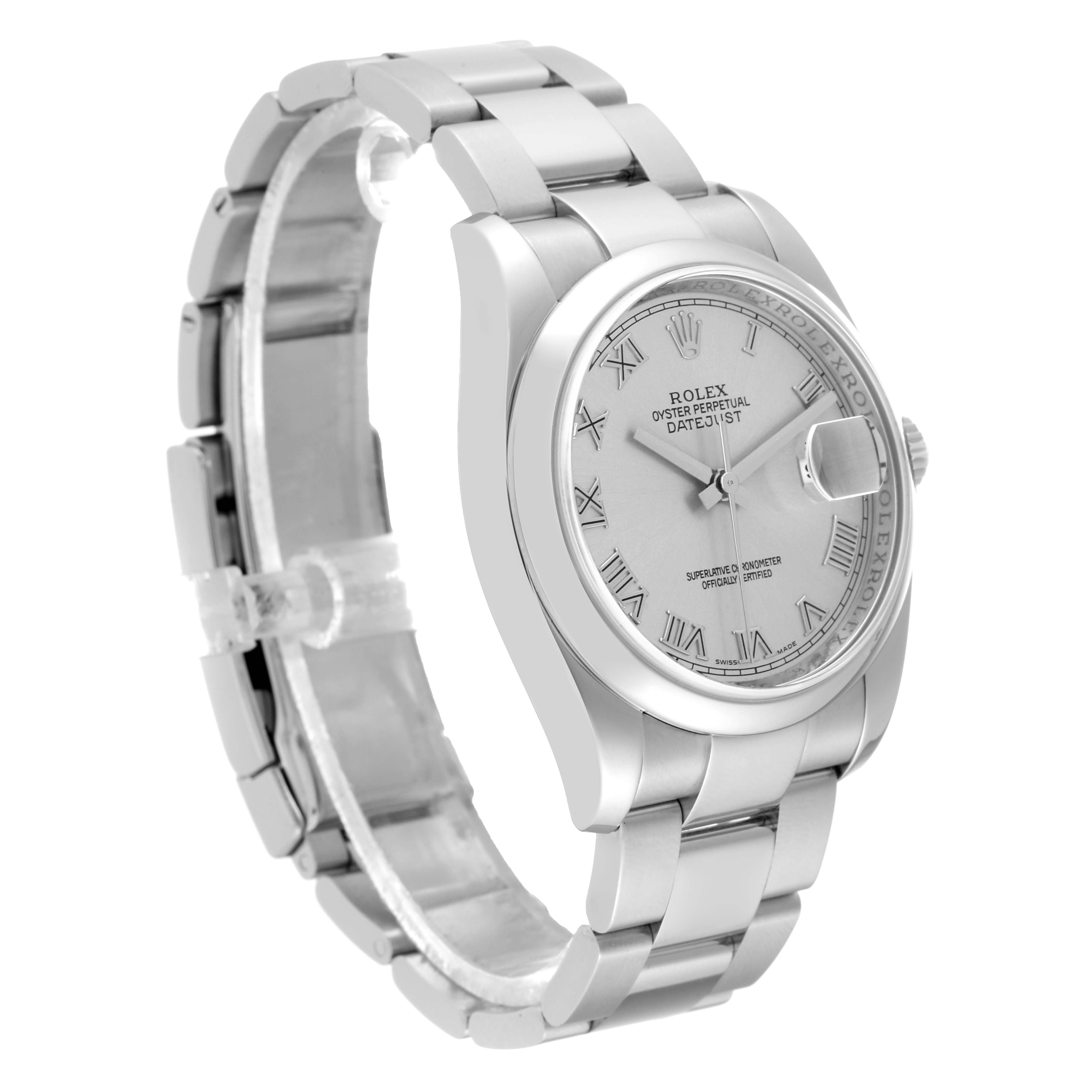 The image shows a side angle of a Rolex Datejust 116200 Men
s Stainless Steel Silver Dial 116200 Men
s Stainless Steel Silver Dial watch, including its face, bezel, bracelet, and clasp.