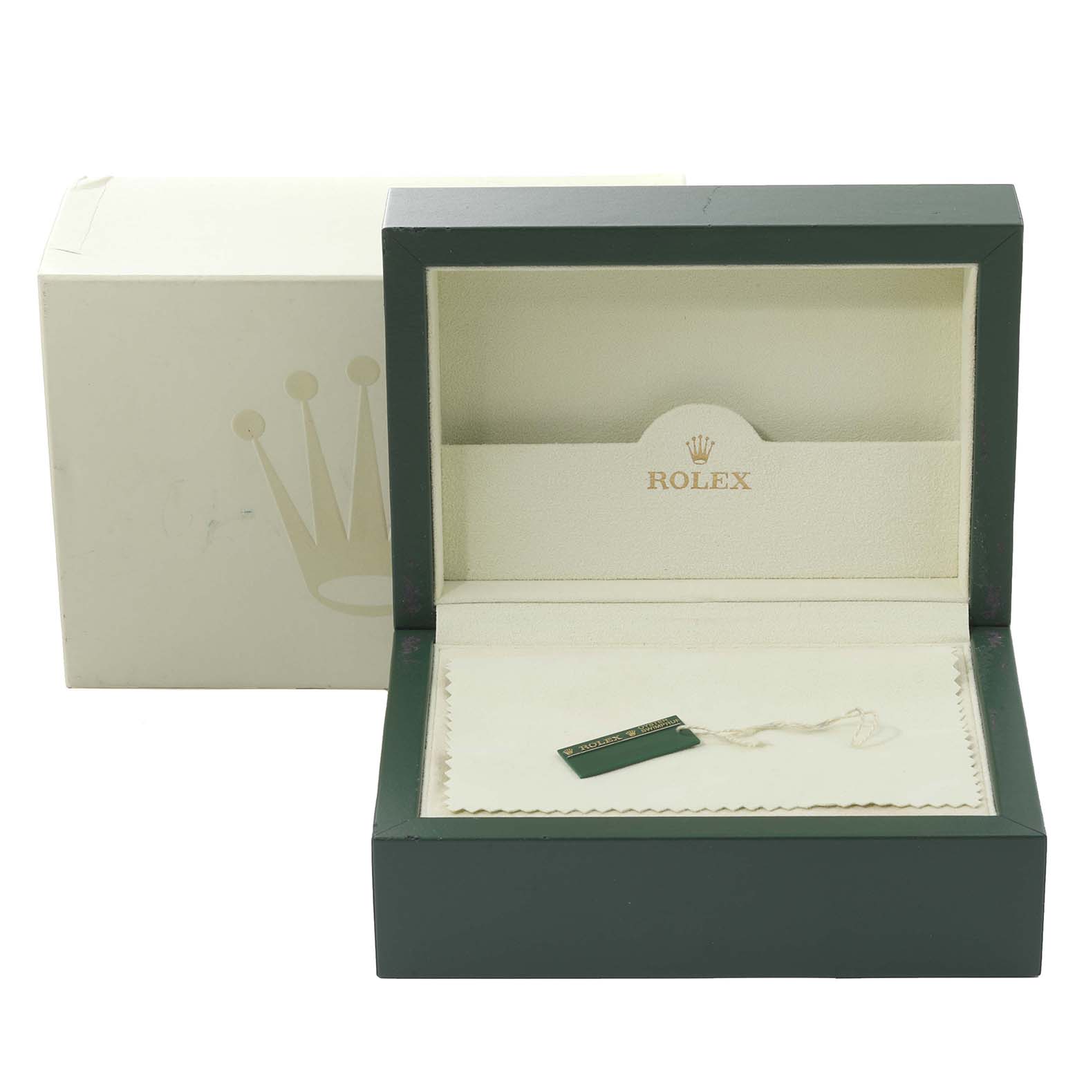 The image shows an empty Rolex Datejust 116200 Men
s Stainless Steel Silver Dial 116200 Men
s Stainless Steel Silver Dial watch box with a Rolex tag and an outer cardboard box.