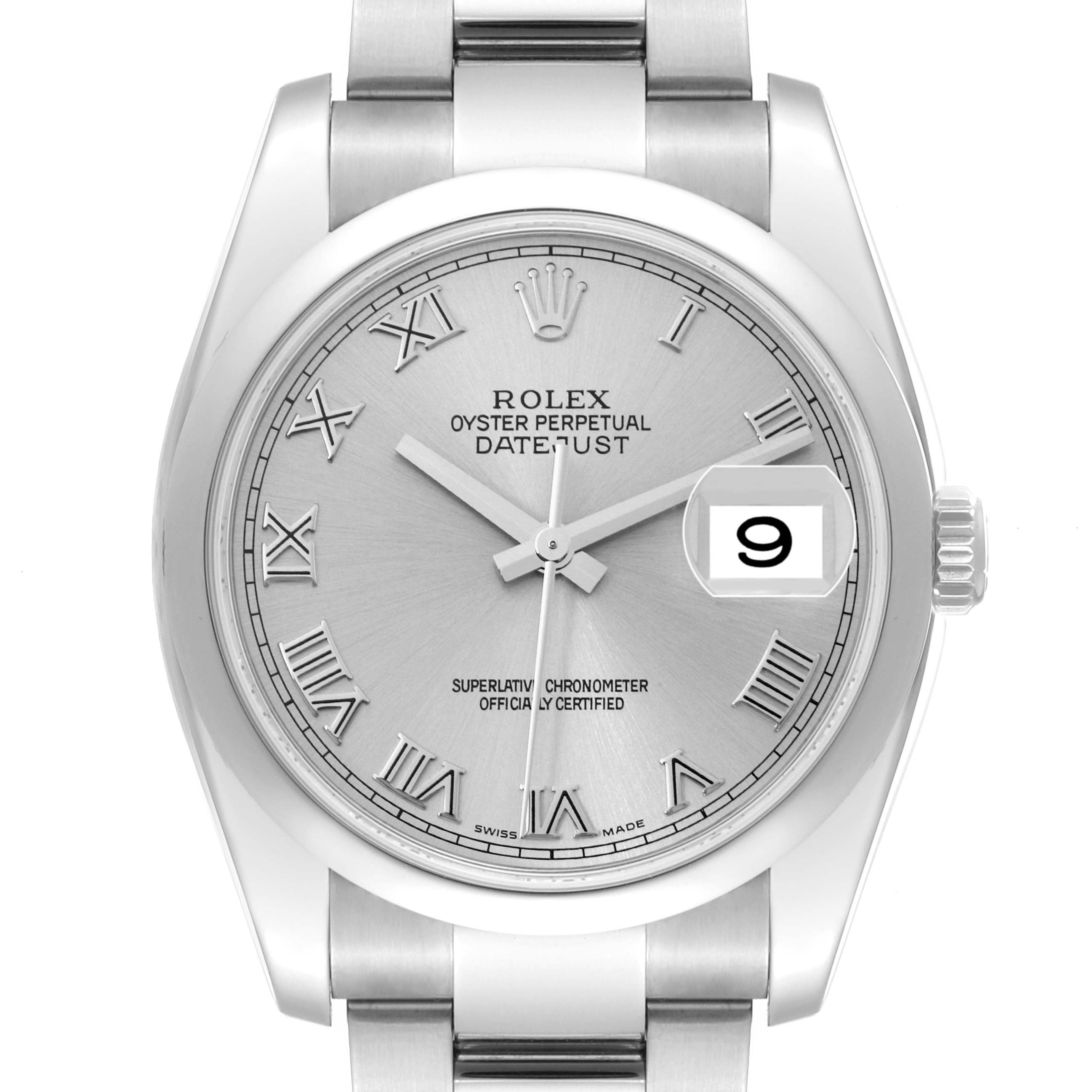 The image shows the face, bezel, and part of the bracelet of a Rolex Datejust 116200 Men
s Stainless Steel Silver Dial 116200 Men
s Stainless Steel Silver Dial watch.
