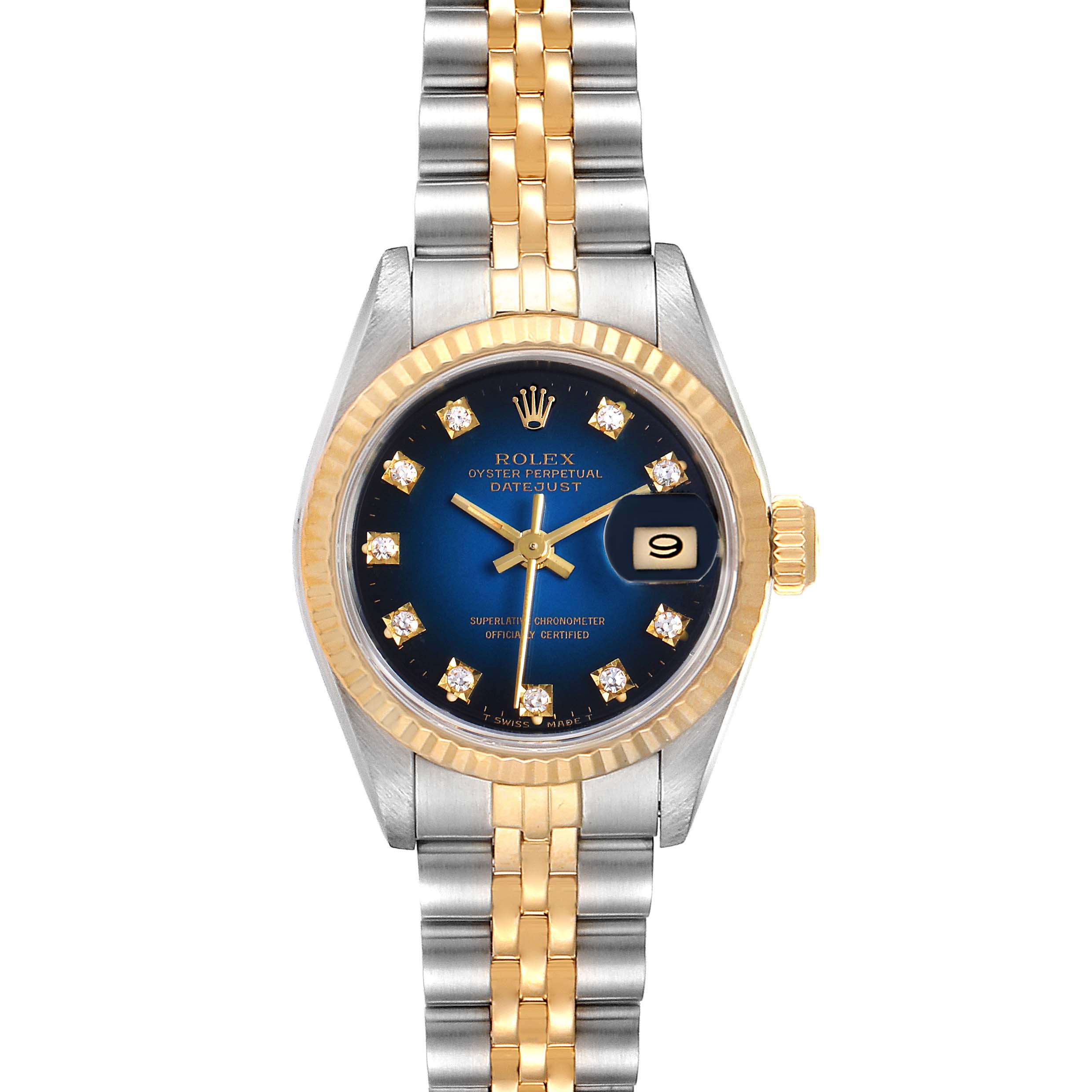 This Rolex Datejust 69173 Women's Steel and Gold (two tone) Blue Dial 69173 Women's Steel and Gold (two tone) Blue Dial watch is shown from the front, detailing the dial, date window, bezel, and two-tone bracelet.