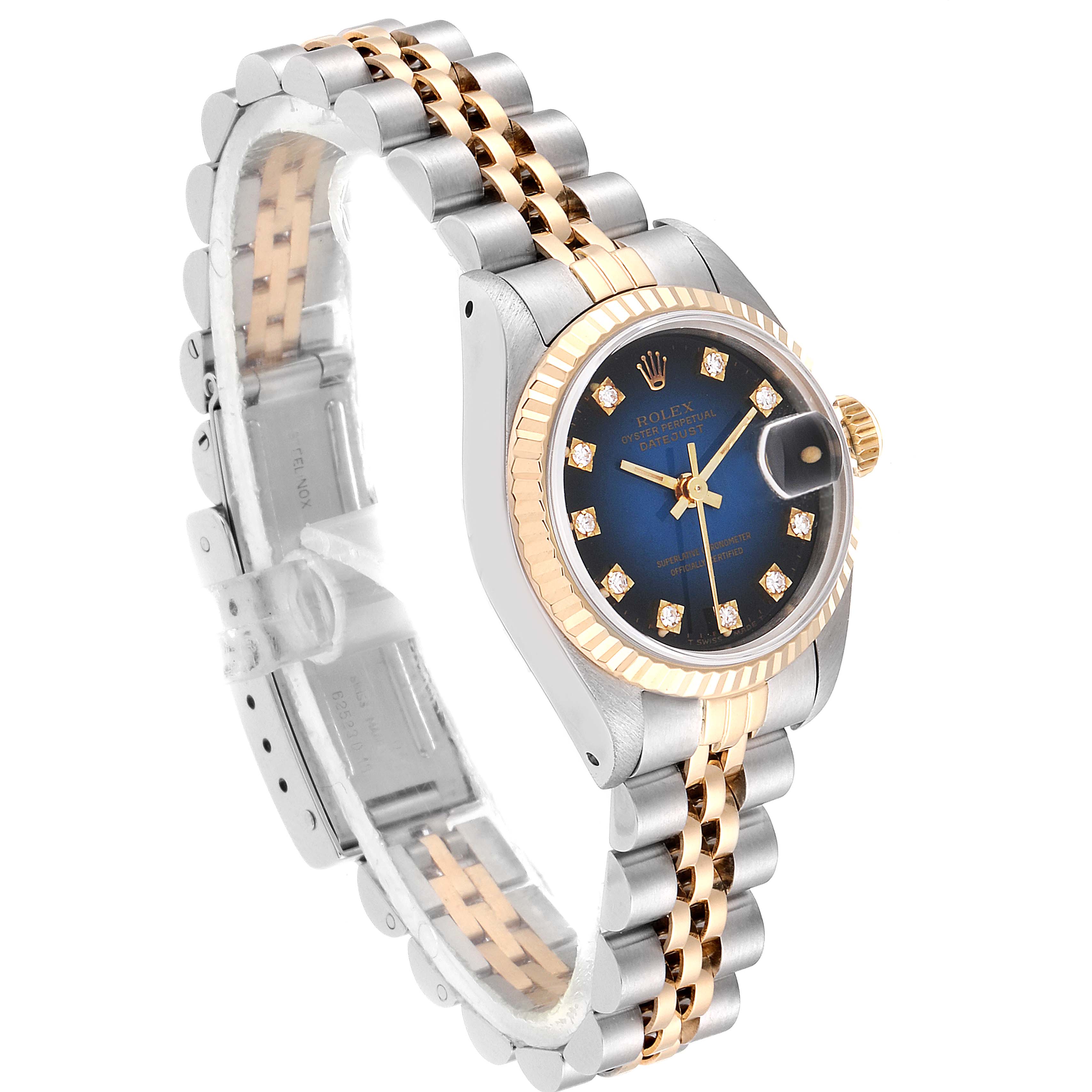 This Rolex Datejust 69173 Women's Steel and Gold (two tone) Blue Dial 69173 Women's Steel and Gold (two tone) Blue Dial watch is shown at an angled side view, displaying the face, bezel, crown, and part of the two-tone bracelet.