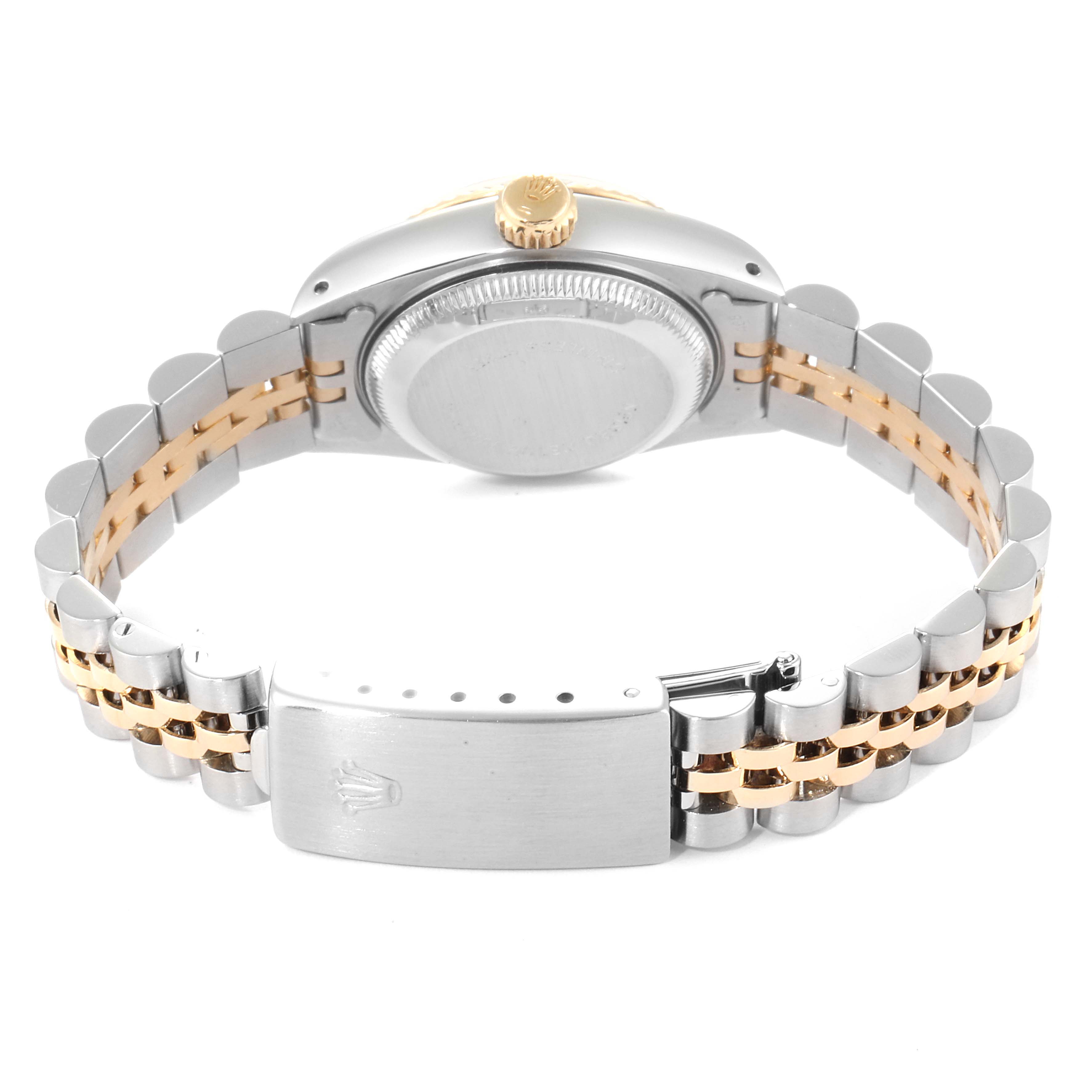 The image shows the back of a Rolex Datejust 69173 Women's Steel and Gold (two tone) Blue Dial 69173 Women's Steel and Gold (two tone) Blue Dial watch with a two-tone Jubilee bracelet and Rolex crown clasp.