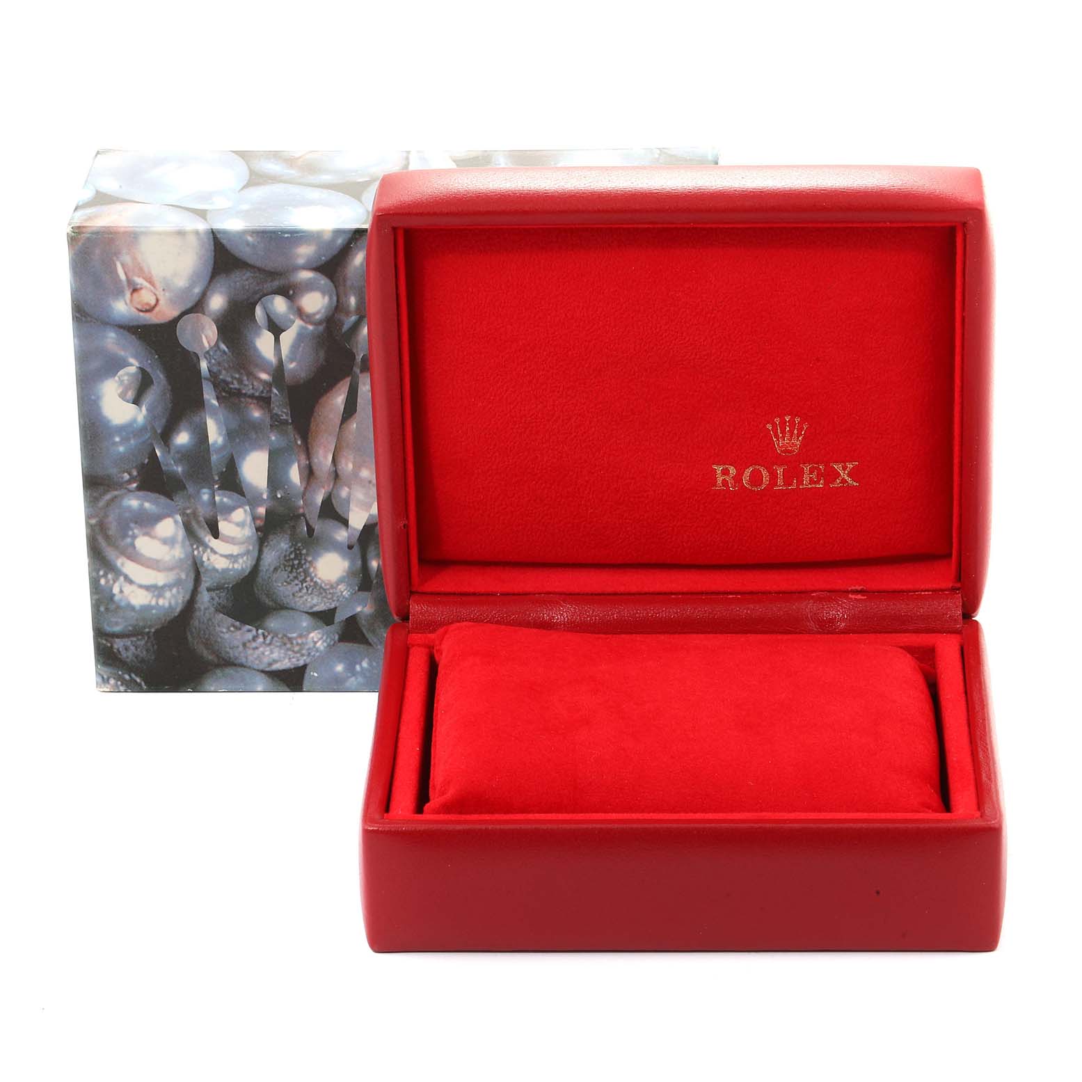 This image shows a red Rolex Datejust 69173 Women's Steel and Gold (two tone) Blue Dial 69173 Women's Steel and Gold (two tone) Blue Dial watch box with a pillow inside, positioned open and facing forward.