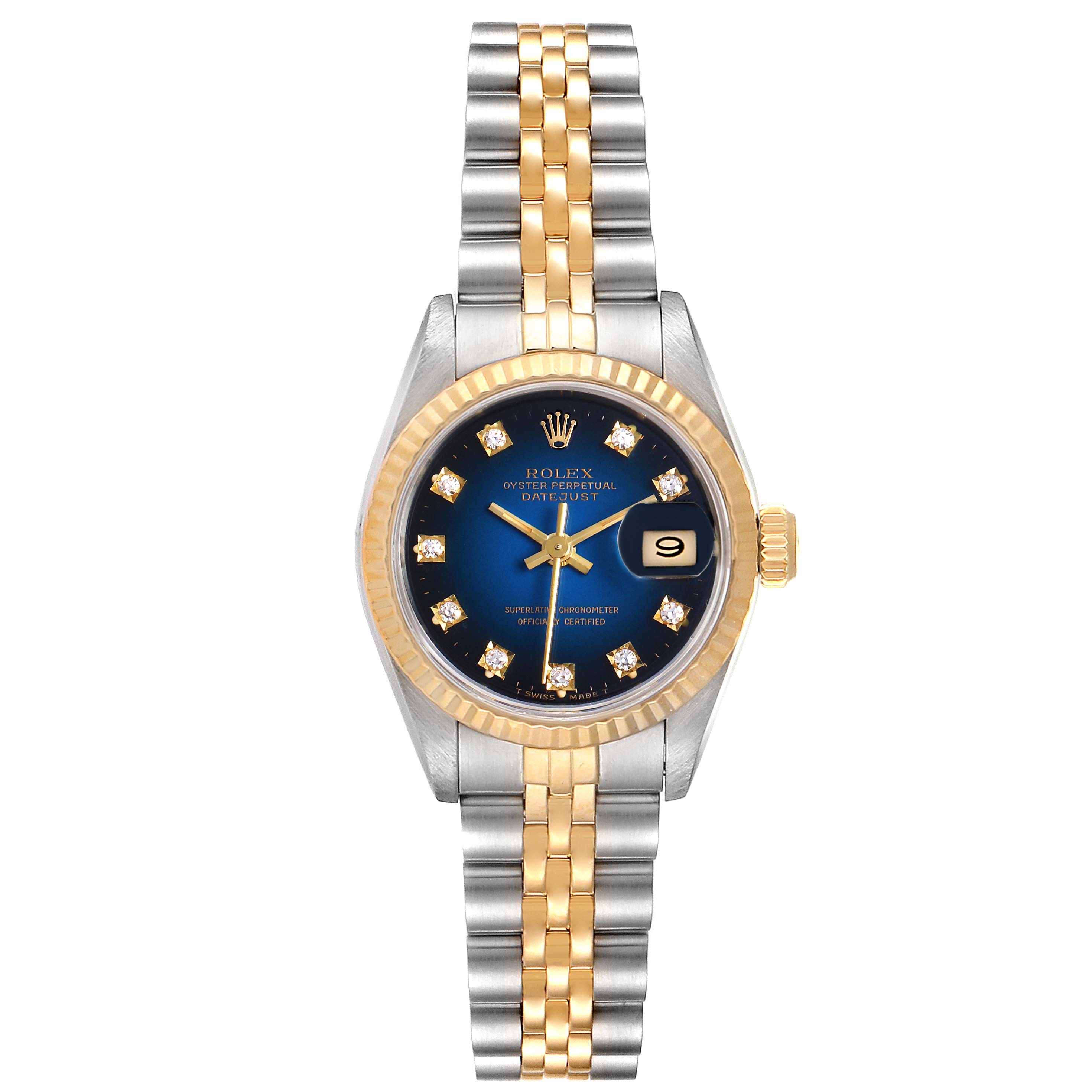 The image shows a front view of a Rolex Datejust 69173 Women's Steel and Gold (two tone) Blue Dial 69173 Women's Steel and Gold (two tone) Blue Dial watch, featuring a two-tone band and a blue dial with diamond hour markers.