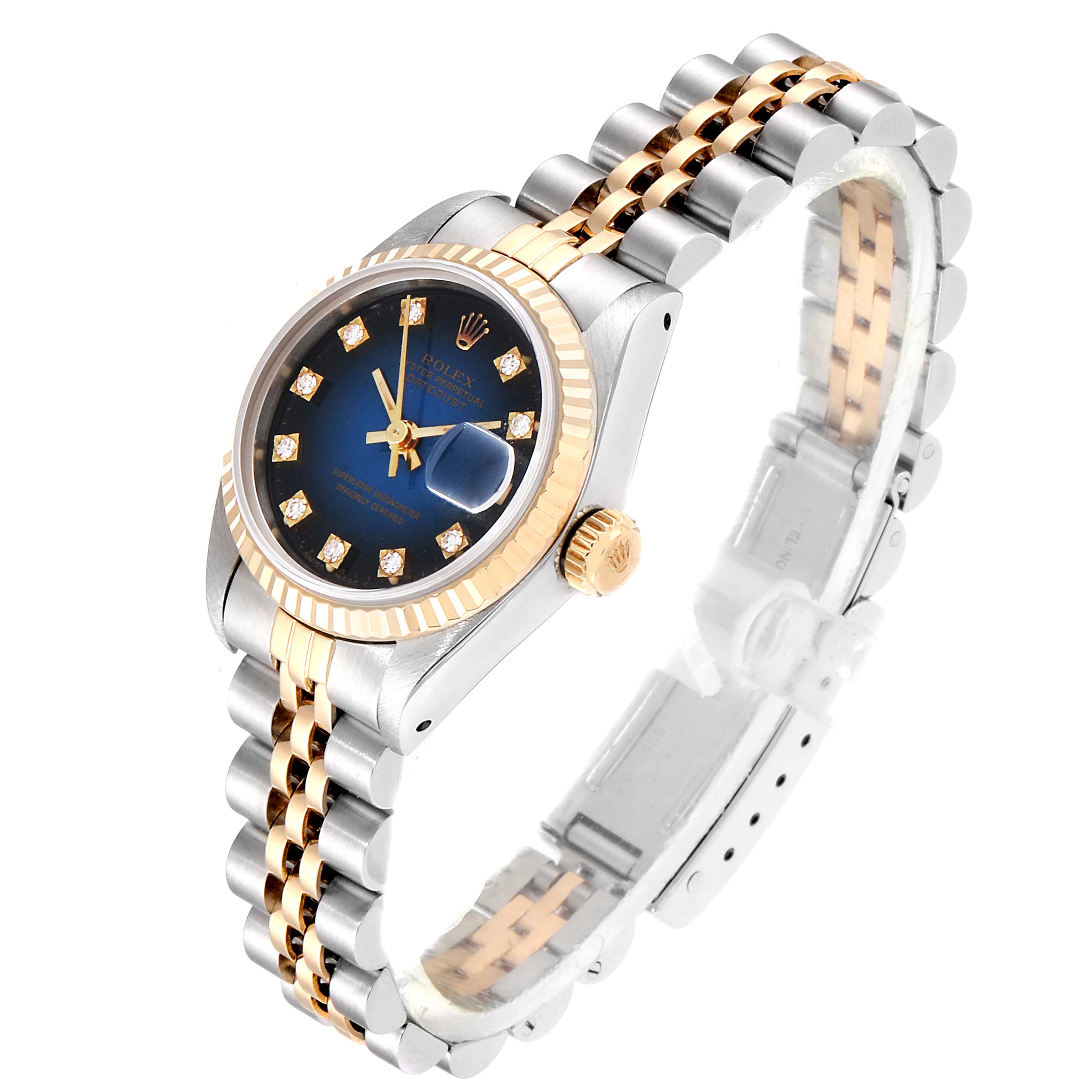 The Rolex Datejust 69173 Women's Steel and Gold (two tone) Blue Dial 69173 Women's Steel and Gold (two tone) Blue Dial watch is shown at an angled perspective, displaying its face, bezel, crown, and bracelet.