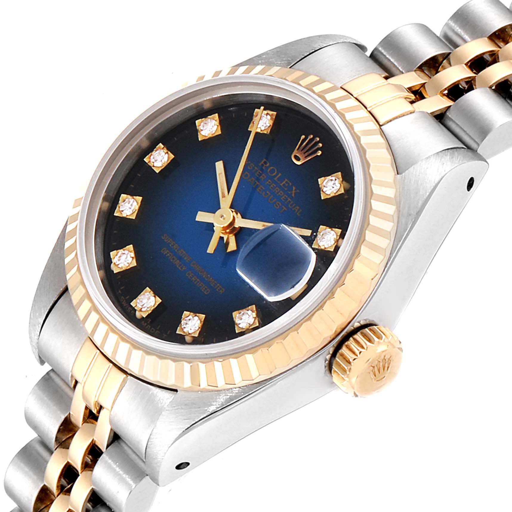 The image shows a close-up angled view of a Rolex Datejust 69173 Women's Steel and Gold (two tone) Blue Dial 69173 Women's Steel and Gold (two tone) Blue Dial watch, featuring the dial, bezel, crown, and part of the bracelet.