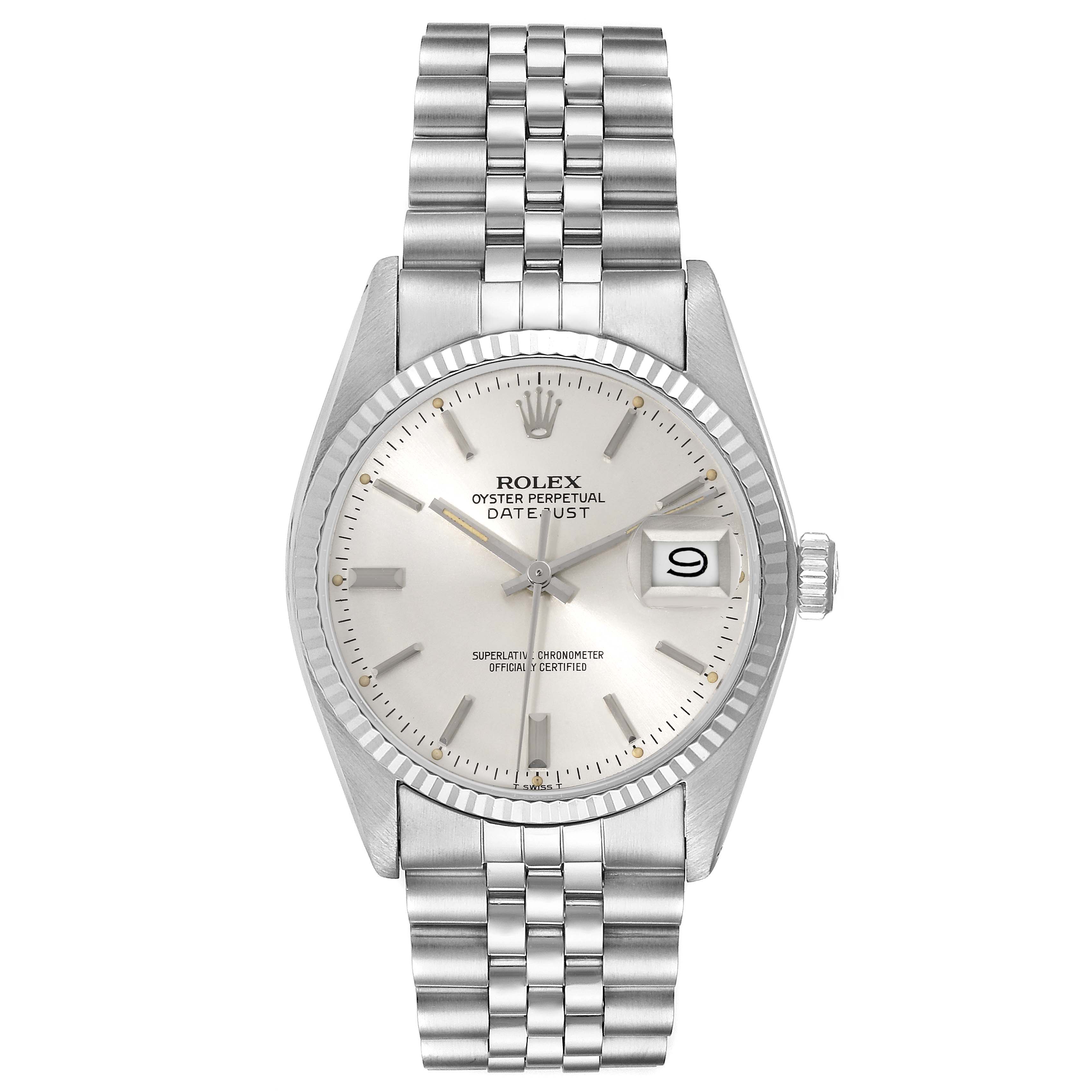 The image shows a front view of a Rolex Vintage Collection 16014 Men's Stainless Steel Silver Dial 16014 Men's Stainless Steel Silver Dial Model, featuring its face, bezel, and bracelet.