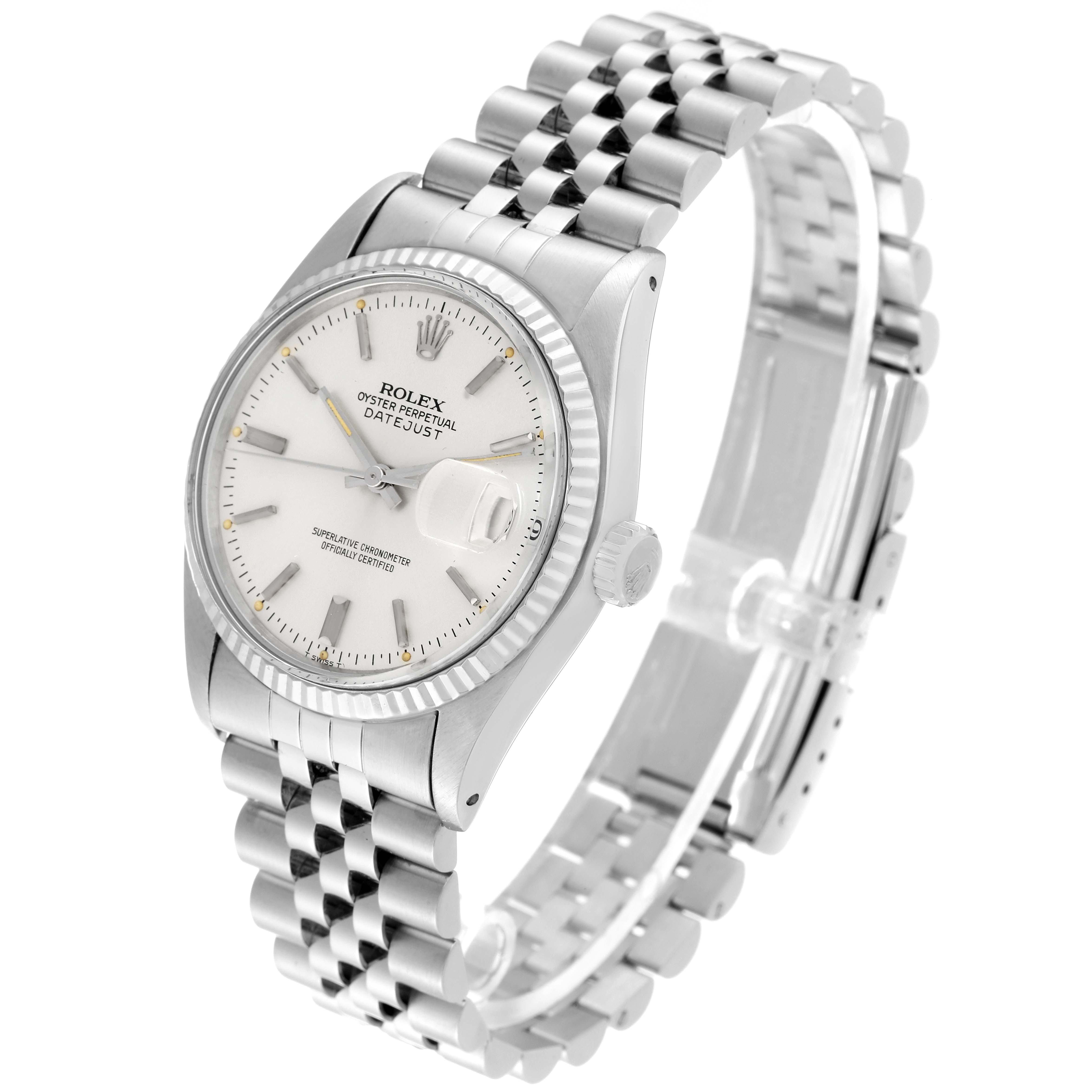 The image shows a slight side angle of a Vintage Collection Rolex Datejust with a stainless steel bracelet and white dial.