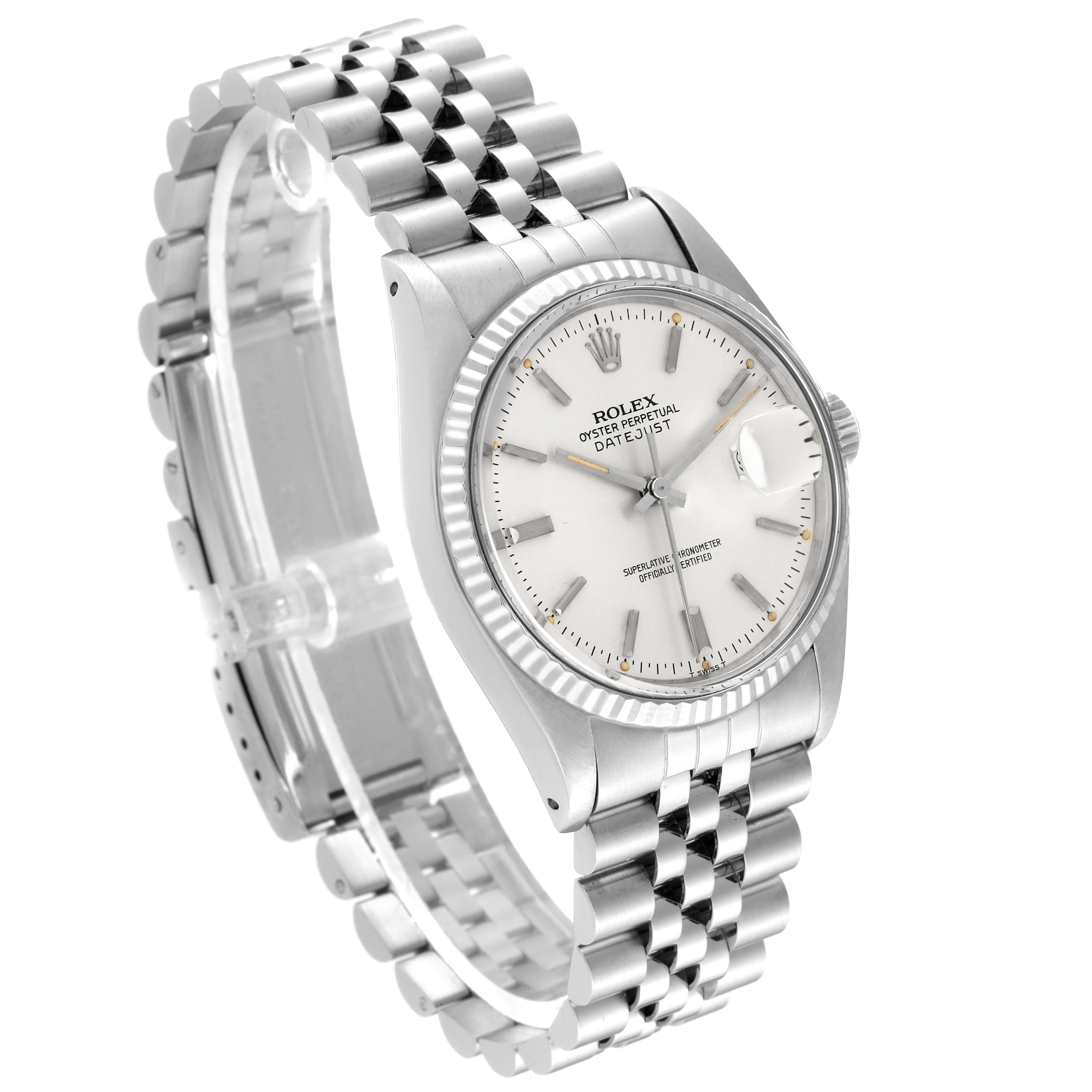 The image shows a Rolex Vintage Collection 16014 Men's Stainless Steel Silver Dial 16014 Men's Stainless Steel Silver Dial Datejust model watch from an angled front-side view, highlighting its case, dial, and band.