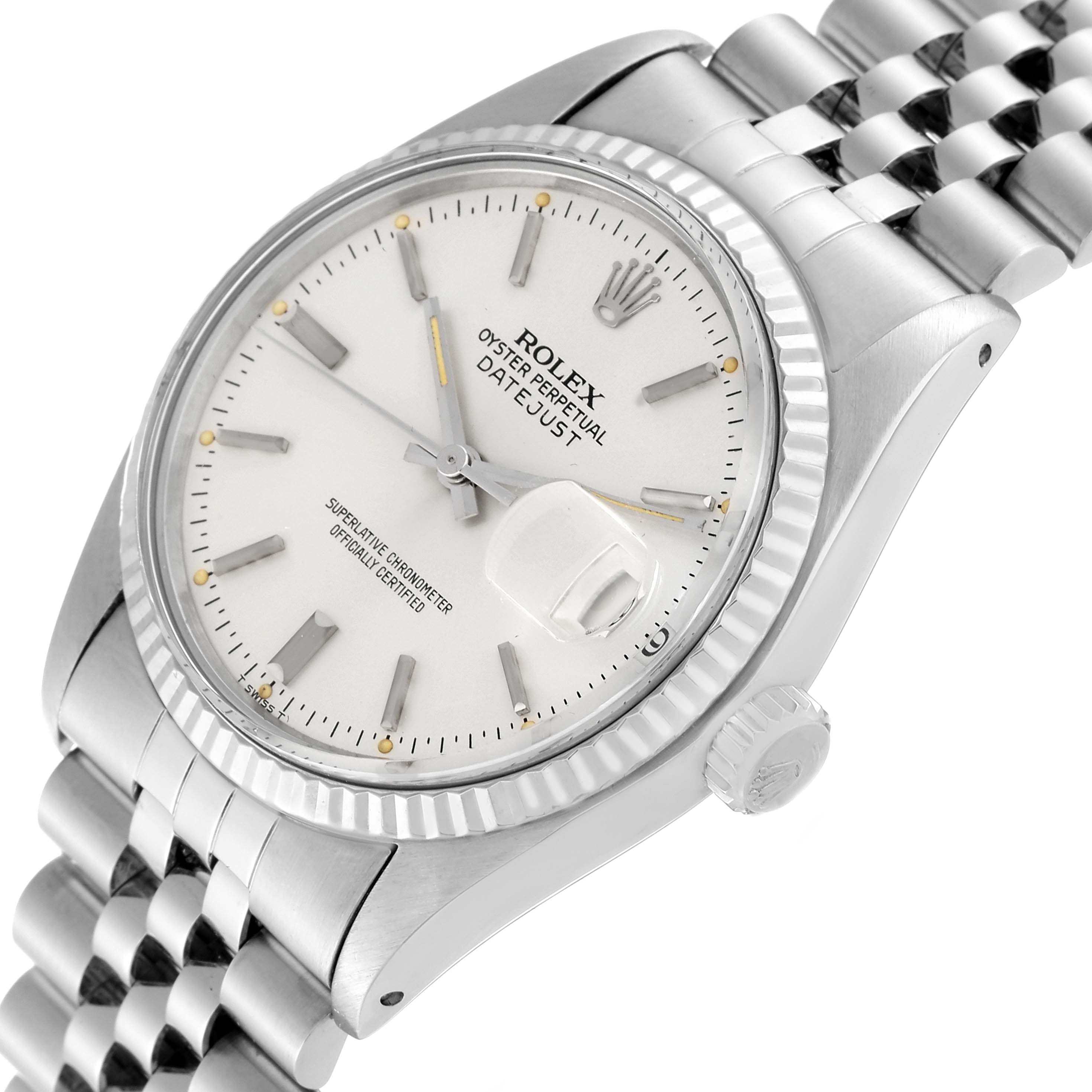 The image shows a close-up, angled view of the Rolex Vintage Collection 16014 Men's Stainless Steel Silver Dial 16014 Men's Stainless Steel Silver Dial Datejust, featuring the face, casing, and part of the bracelet.