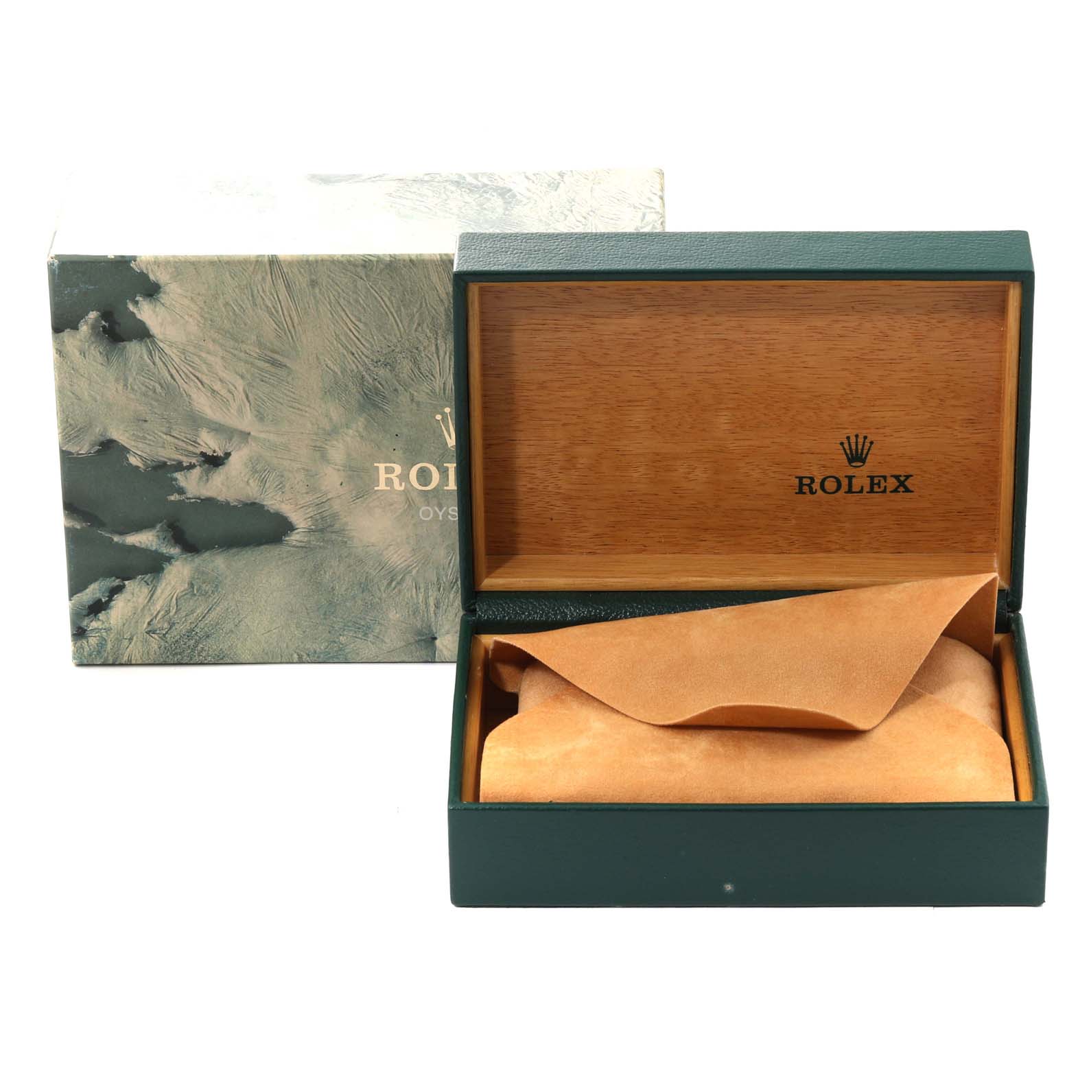 The image shows a Rolex Vintage Collection 16014 Men's Stainless Steel Silver Dial 16014 Men's Stainless Steel Silver Dial watch box, open to reveal the interior with a cushion and protective cloth inside.