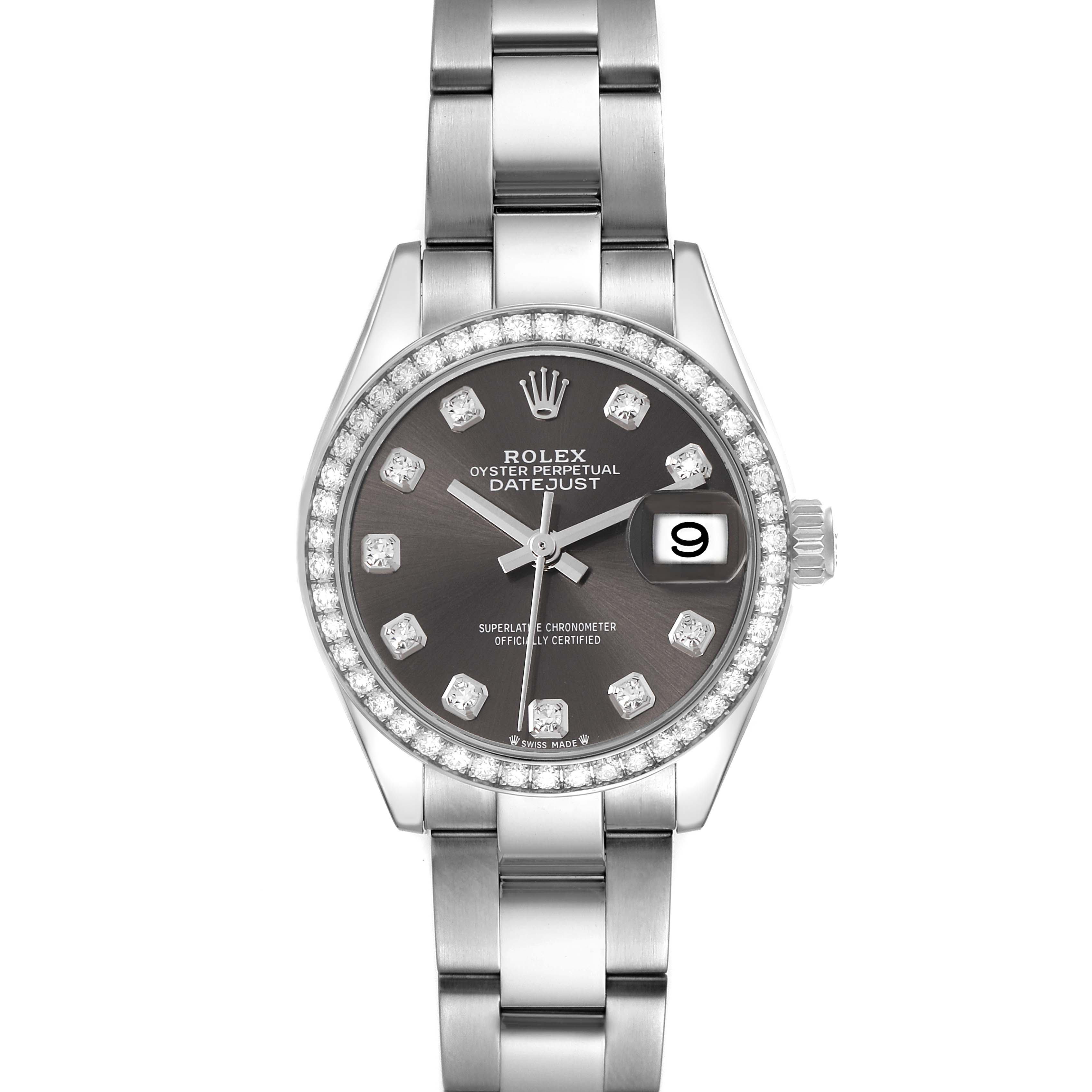 The Rolex Datejust 279384RBR Women
s Stainless Steel Grey Dial 279384RBR Women
s Stainless Steel Grey Dial watch is shown from a front angle, highlighting the dial, bezel, and bracelet.