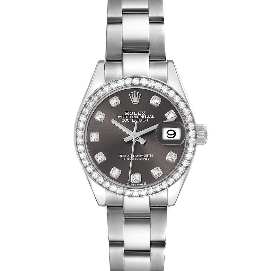 The Rolex Datejust watch is shown from a front angle, highlighting the dial, bezel, and bracelet.