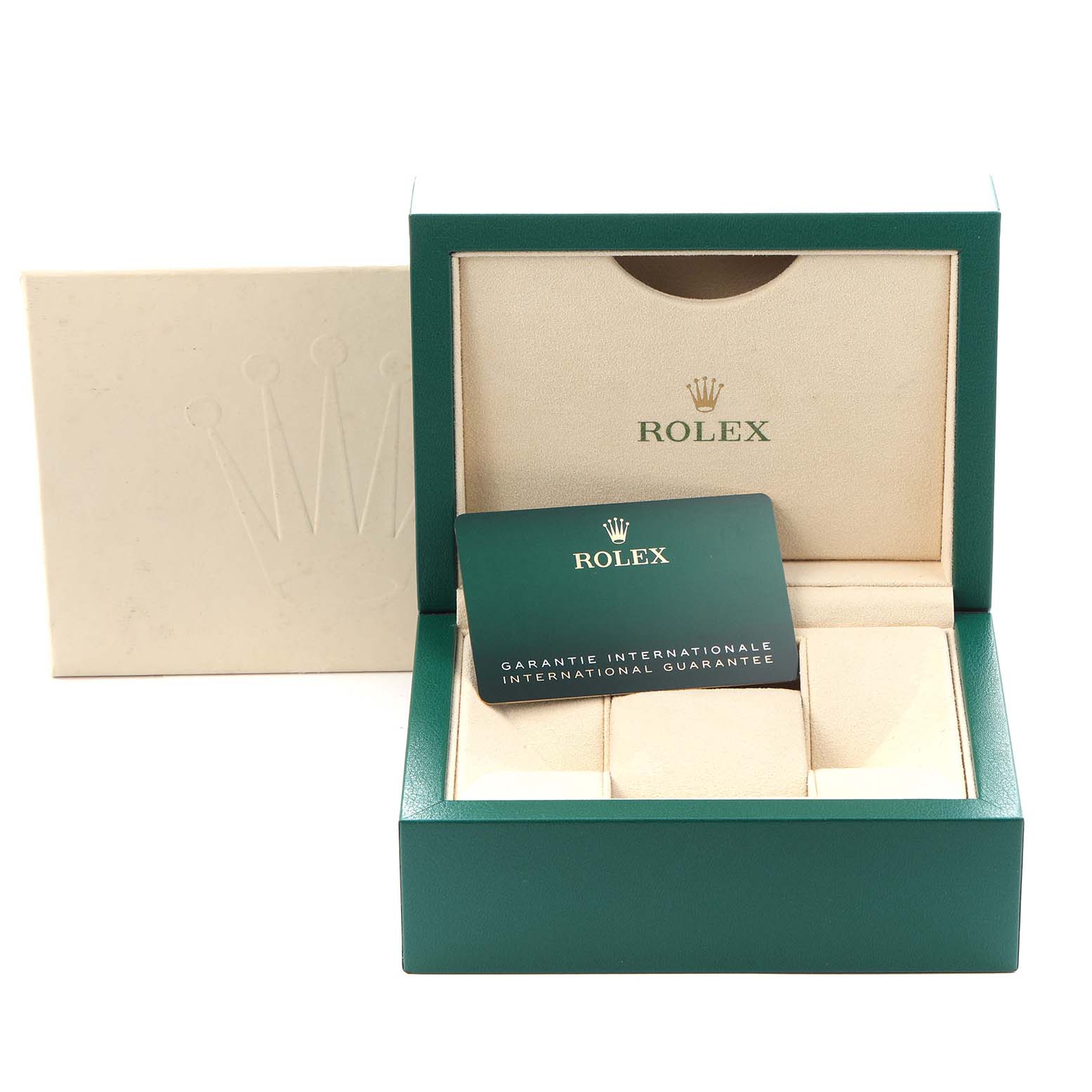 The image shows a Rolex Datejust 279384RBR Women
s Stainless Steel Grey Dial 279384RBR Women
s Stainless Steel Grey Dial box and international guarantee card, viewed from the front.