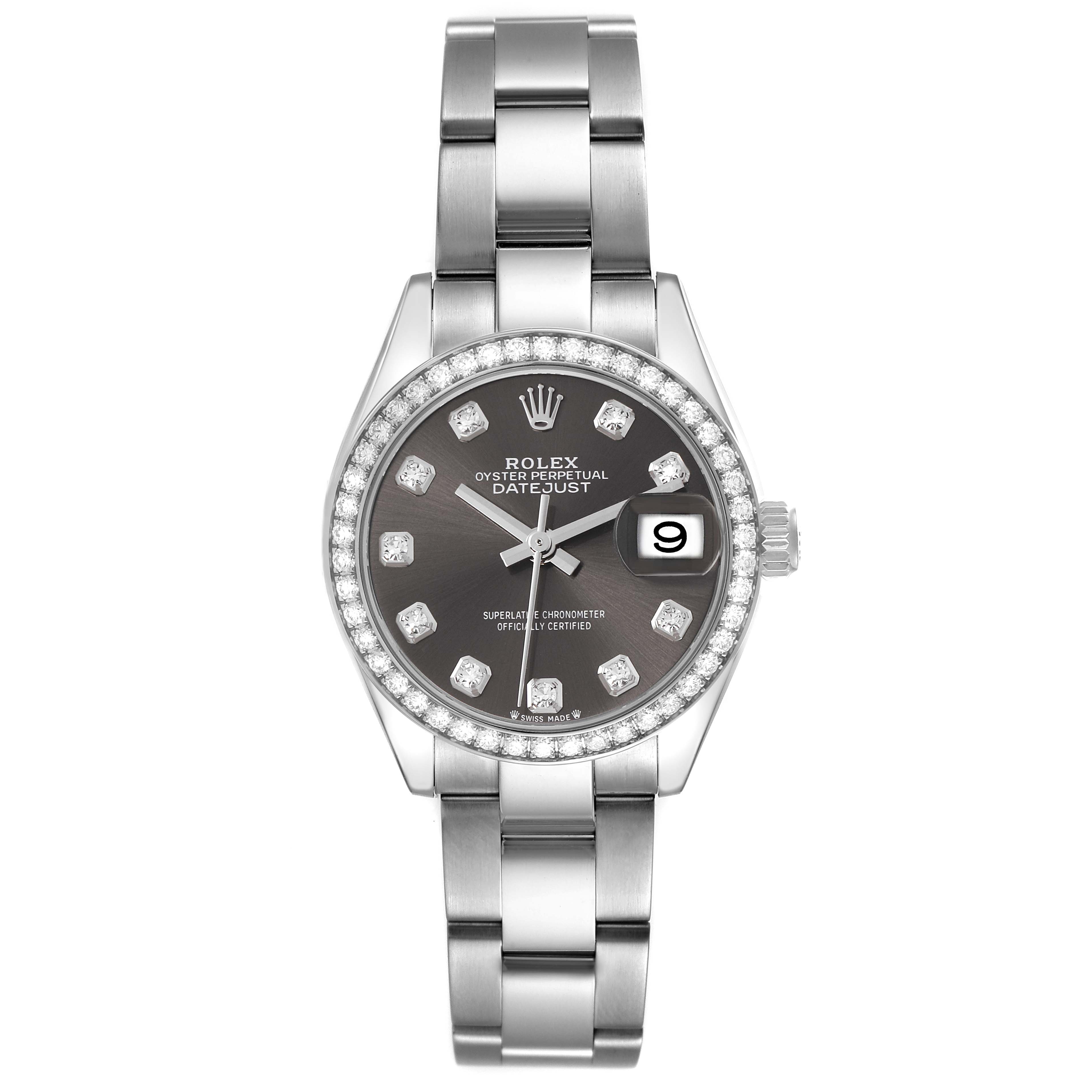 The Rolex Datejust 279384RBR Women
s Stainless Steel Grey Dial 279384RBR Women
s Stainless Steel Grey Dial watch is shown from a top-down angle, highlighting the bezel, dial, bracelet, and crown.