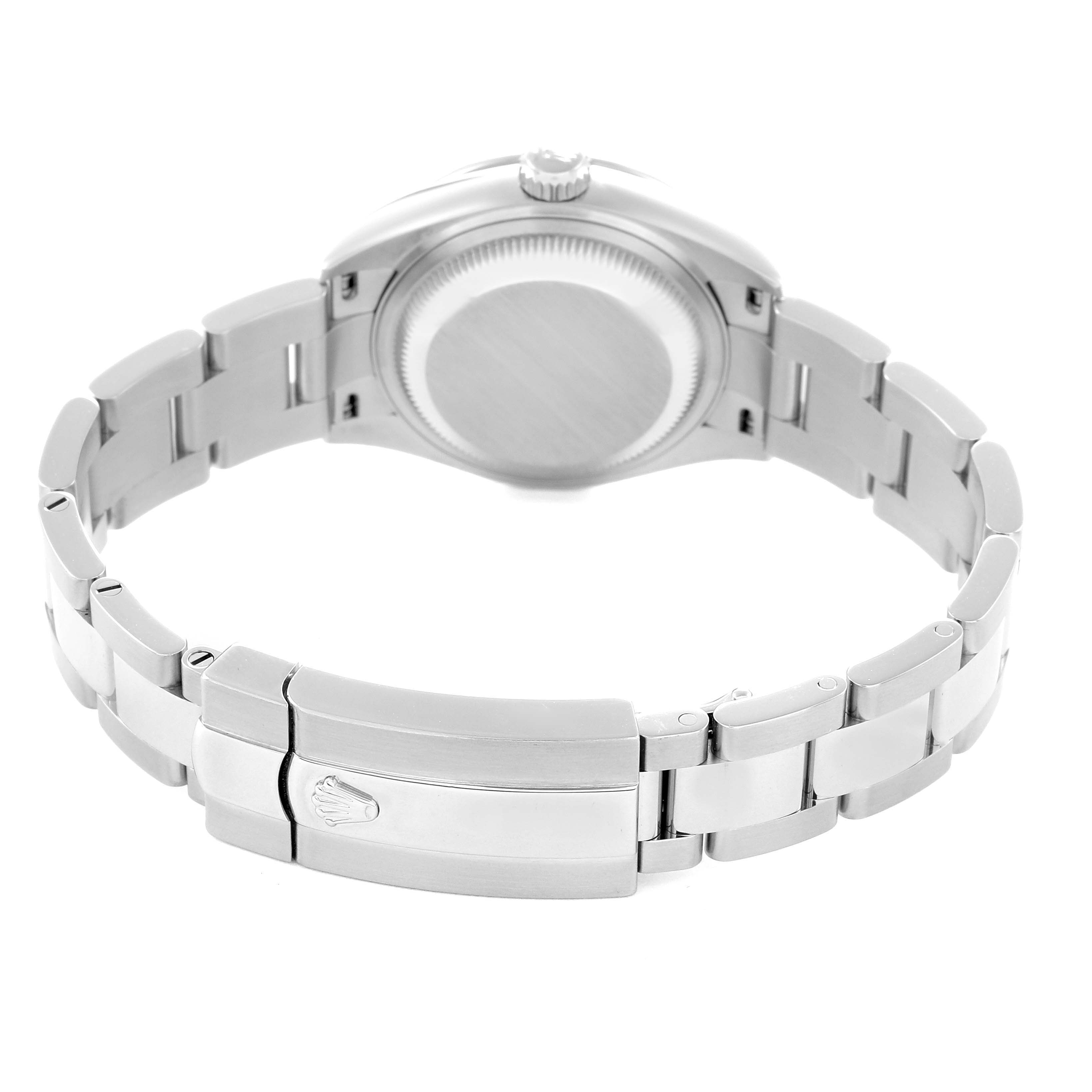 The Rolex Datejust 279384RBR Women
s Stainless Steel Grey Dial 279384RBR Women
s Stainless Steel Grey Dial watch is shown from the back, highlighting the closed clasp and bracelet.