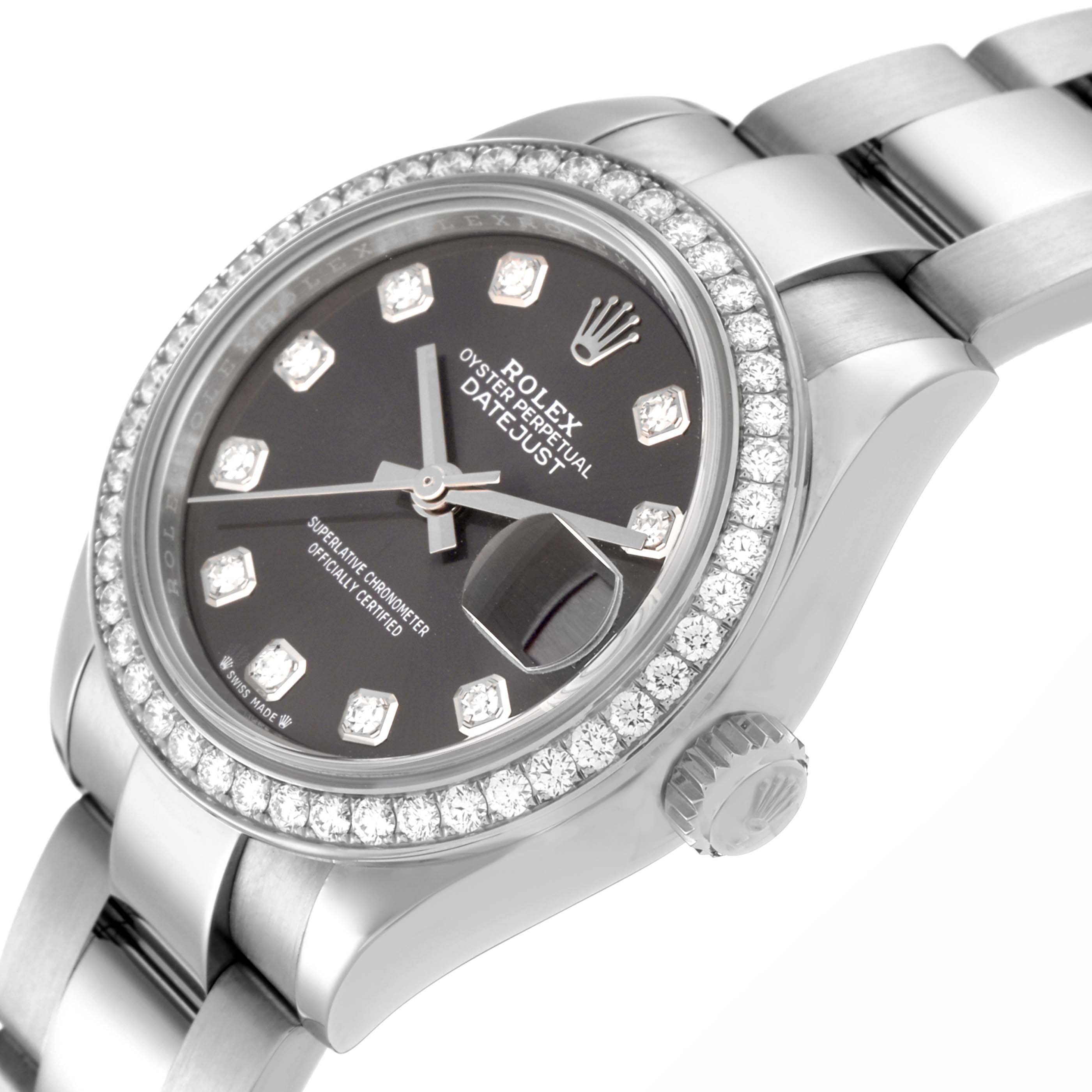 The Rolex Datejust 279384RBR Women
s Stainless Steel Grey Dial 279384RBR Women
s Stainless Steel Grey Dial watch is shown at an angled view, highlighting the bezel, crown, dial, and bracelet.