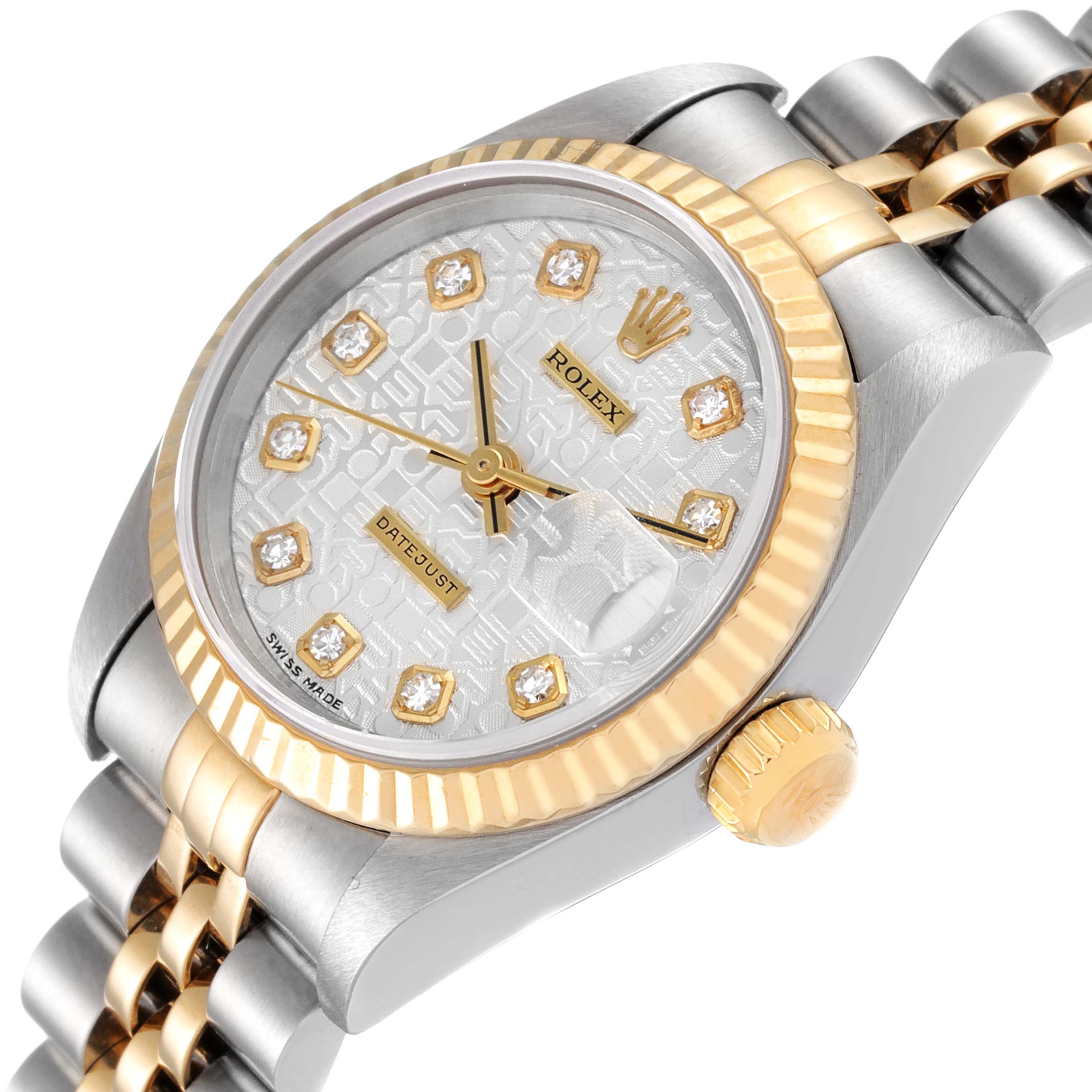 The image shows a close-up of the Rolex Datejust 69173 Women
s Steel and Gold (two tone) Silver Dial 69173 Women
s Steel and Gold (two tone) Silver Dial watch at a slight angle, highlighting the dial, bezel, crown, and part of the bracelet.