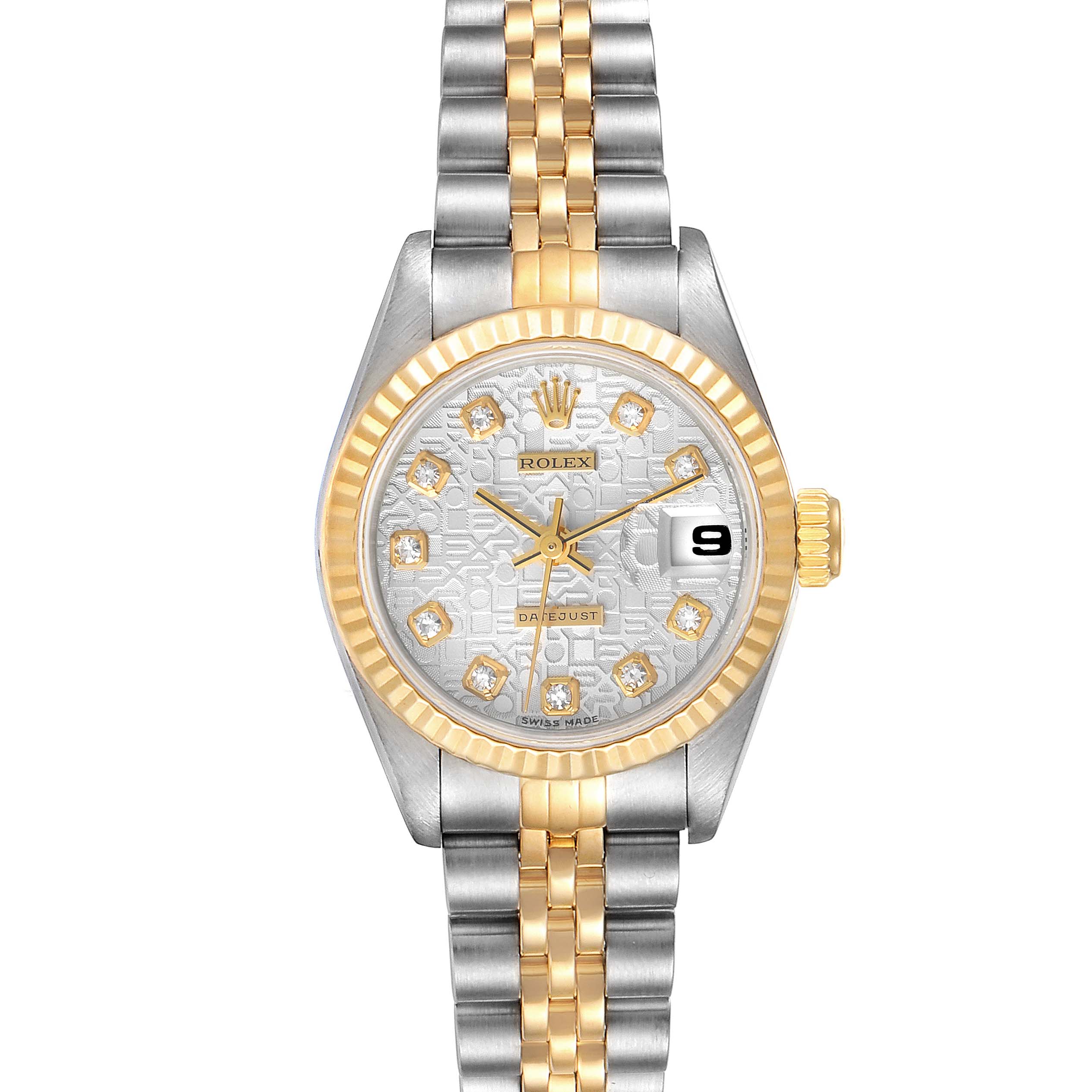 The image shows the face, bezel, and part of the bracelet of a Rolex Datejust 69173 Women
s Steel and Gold (two tone) Silver Dial 69173 Women
s Steel and Gold (two tone) Silver Dial watch, highlighting its two-tone design.