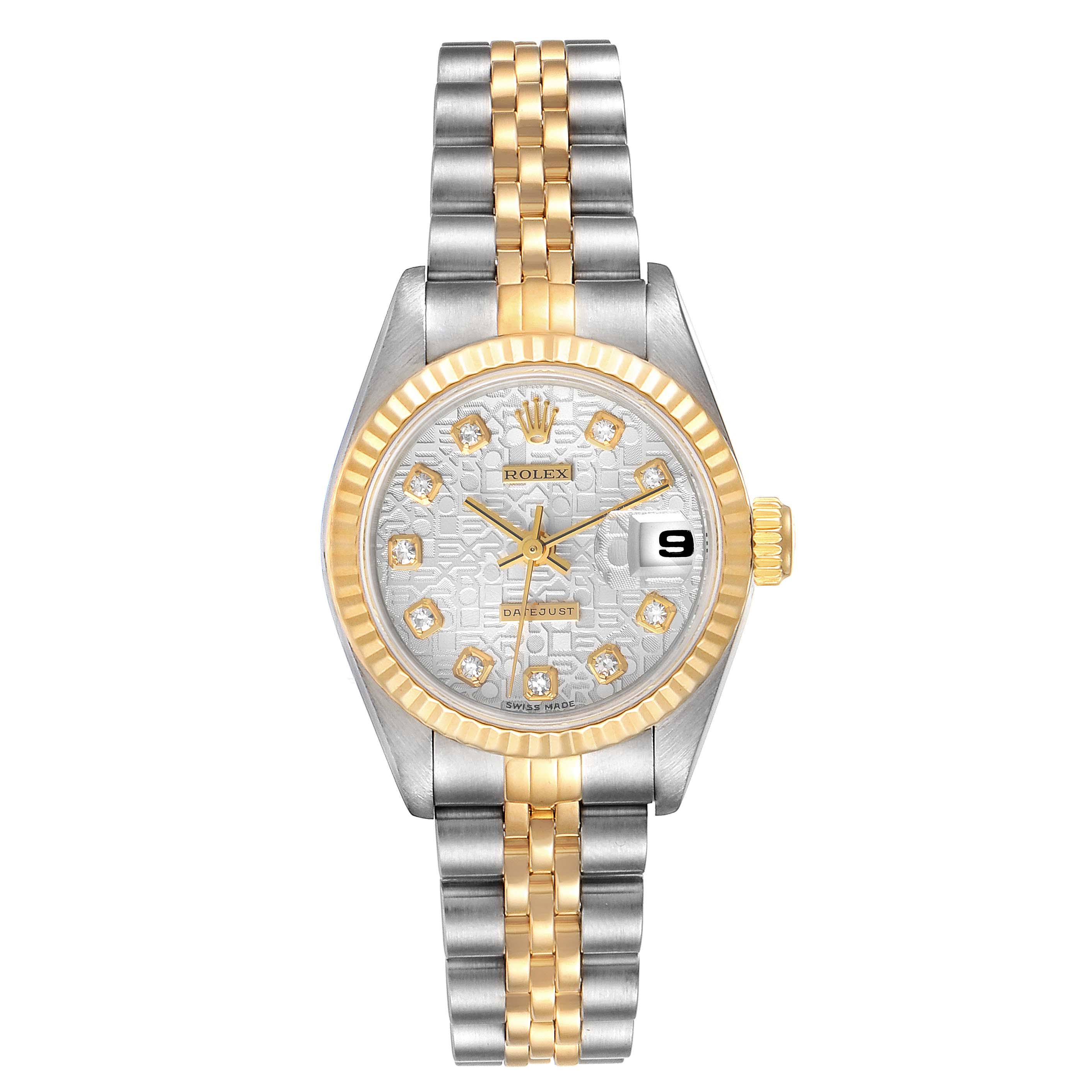 This image shows a front view of a Rolex Datejust 69173 Women
s Steel and Gold (two tone) Silver Dial 69173 Women
s Steel and Gold (two tone) Silver Dial watch, featuring a two-tone bracelet and a silver dial with diamond hour markers.