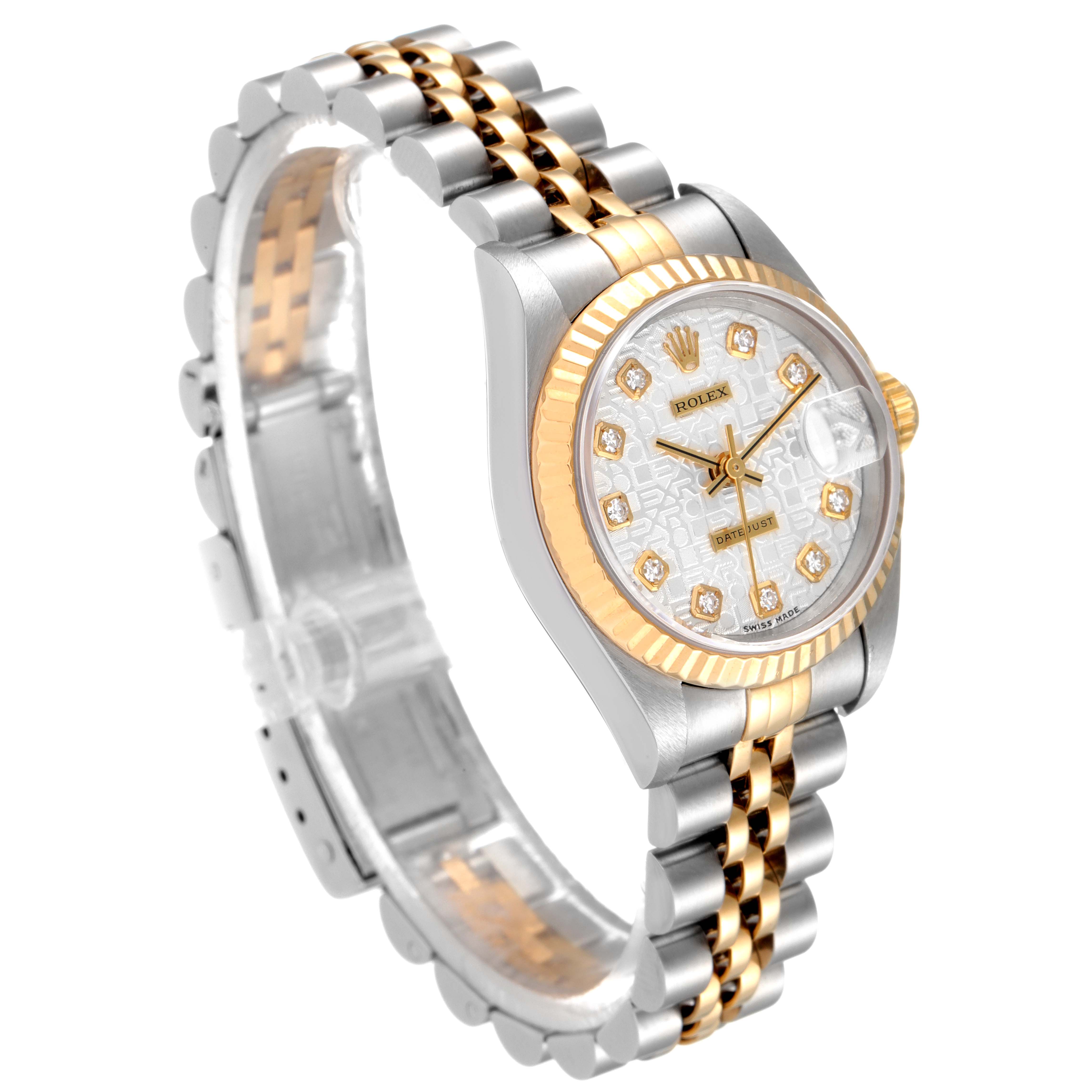 The image shows a side angle of a Rolex Datejust 69173 Women
s Steel and Gold (two tone) Silver Dial 69173 Women
s Steel and Gold (two tone) Silver Dial watch, highlighting its dial, bezel, and two-tone bracelet.