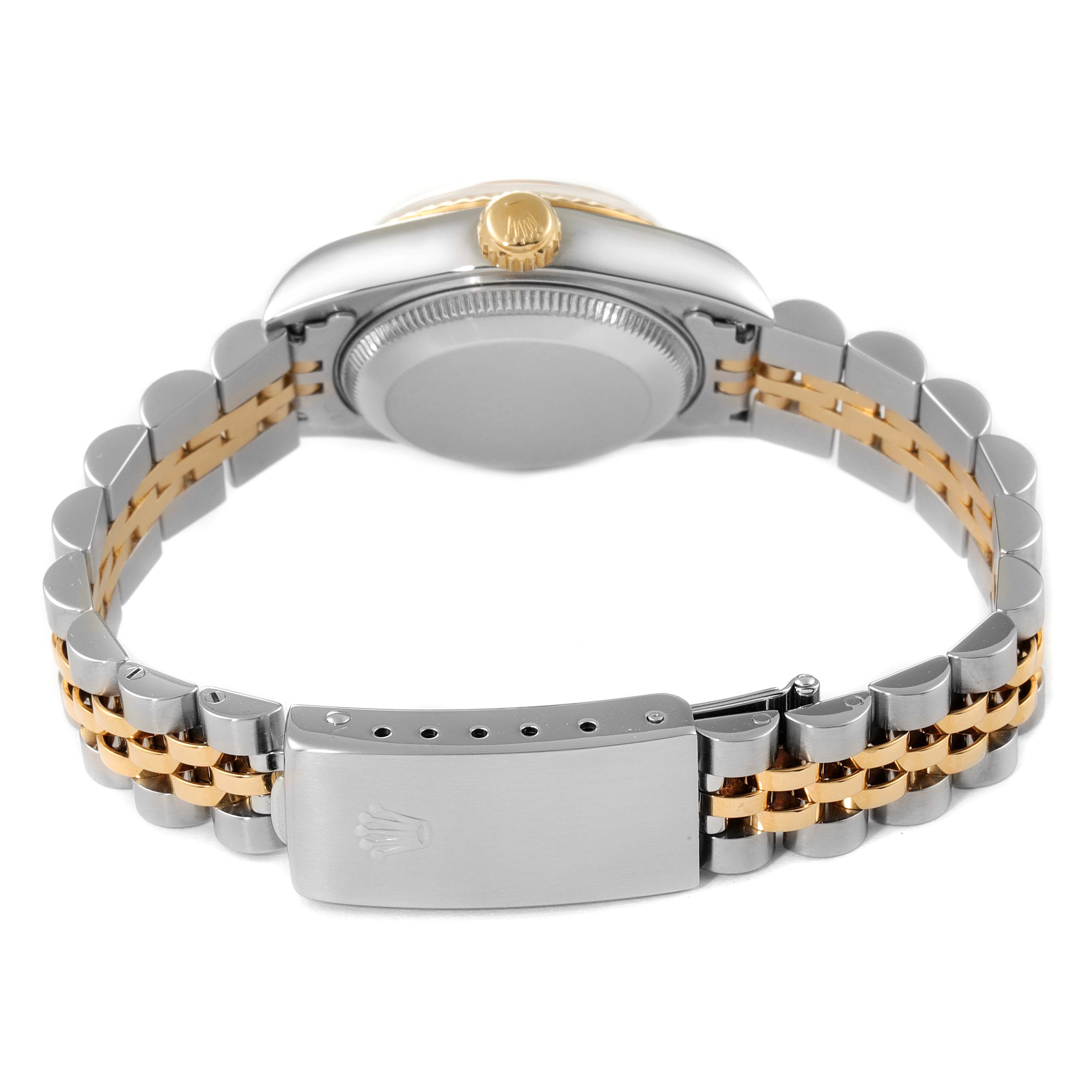 The image shows the back side of the Rolex Datejust 69173 Women
s Steel and Gold (two tone) Silver Dial 69173 Women
s Steel and Gold (two tone) Silver Dial watch, including the clasp, bracelet, and case back.