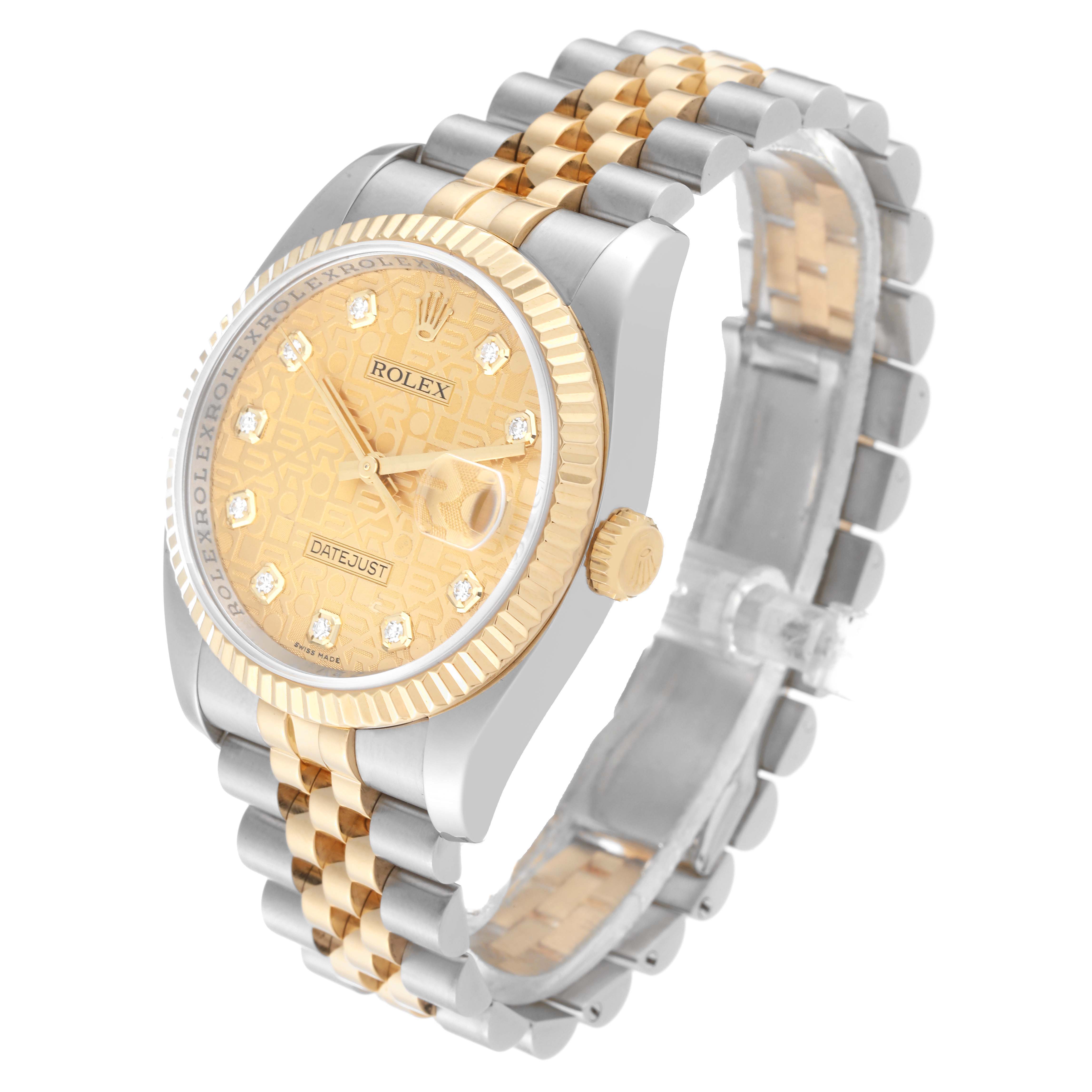 This image shows the Rolex Datejust 116233 Men's Steel and Gold (two tone) Champagne Dial 116233 Men's Steel and Gold (two tone) Champagne Dial watch from an angled view, displaying its dial, bezel, crown, and bracelet.