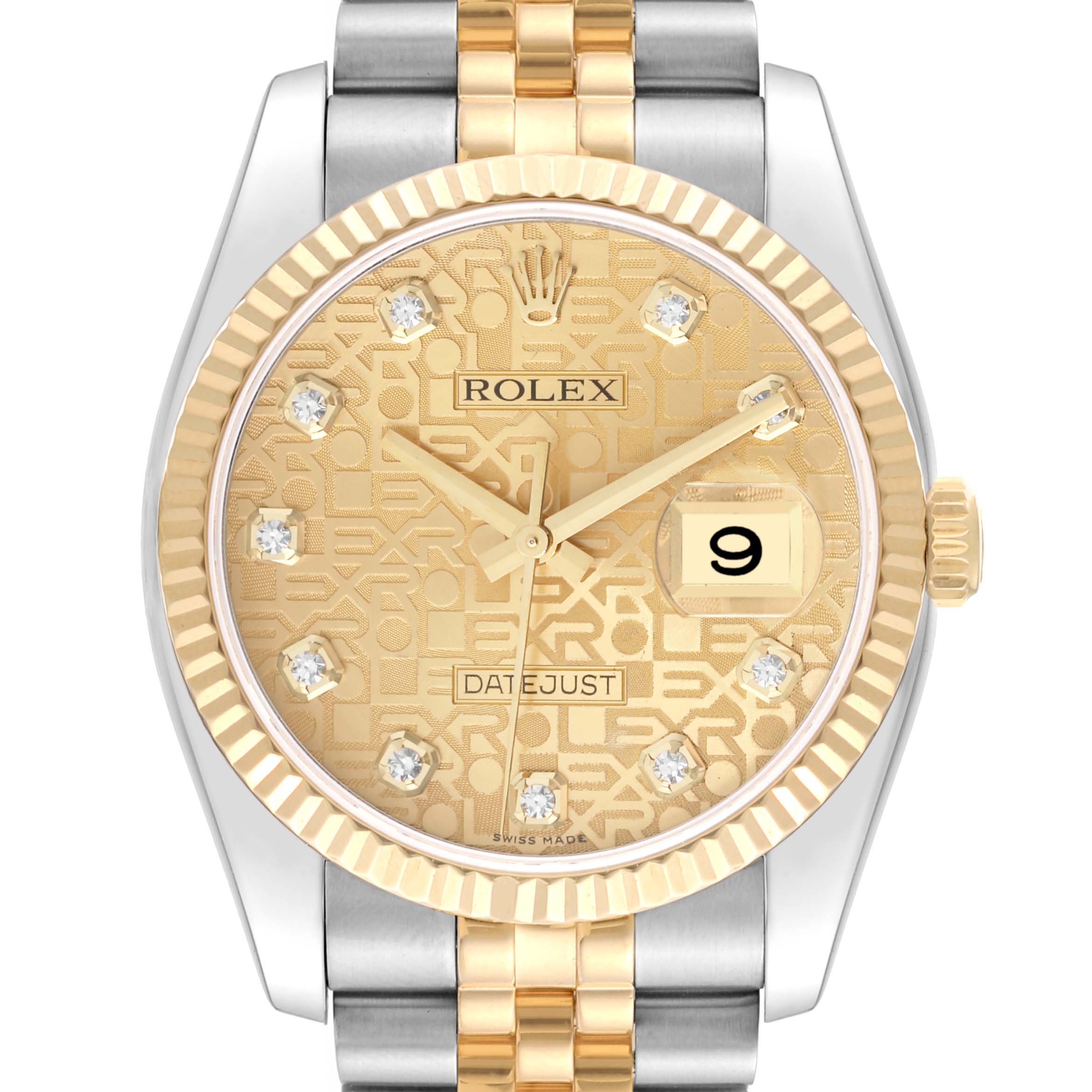 This image shows the Rolex Datejust 116233 Men's Steel and Gold (two tone) Champagne Dial 116233 Men's Steel and Gold (two tone) Champagne Dial watch from a front view, highlighting the dial, bezel, hands, date window, crown, and bracelet.