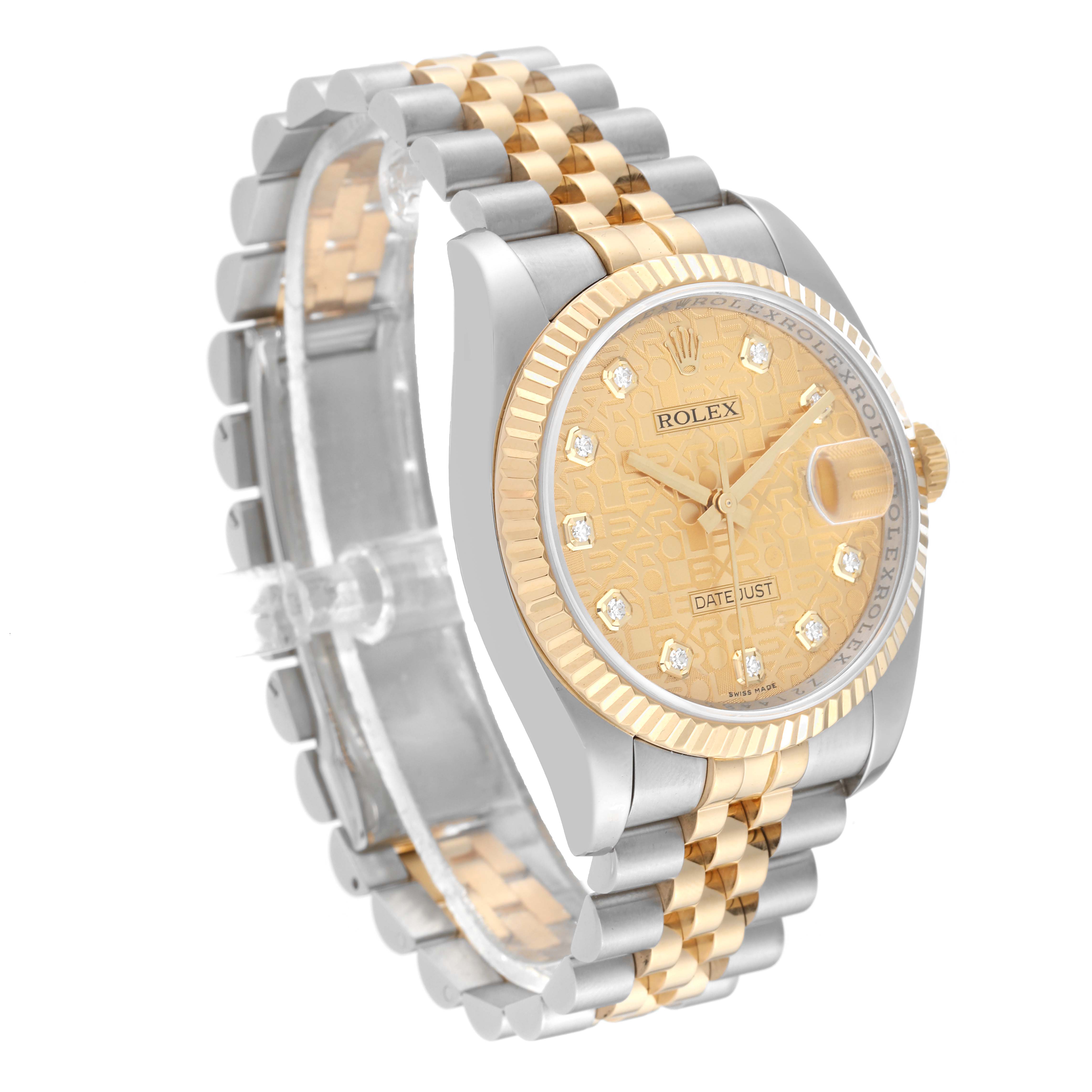 The image shows a three-quarter angle view of a Rolex Datejust 116233 Men's Steel and Gold (two tone) Champagne Dial 116233 Men's Steel and Gold (two tone) Champagne Dial watch, highlighting the face, bezel, and part of the bracelet.