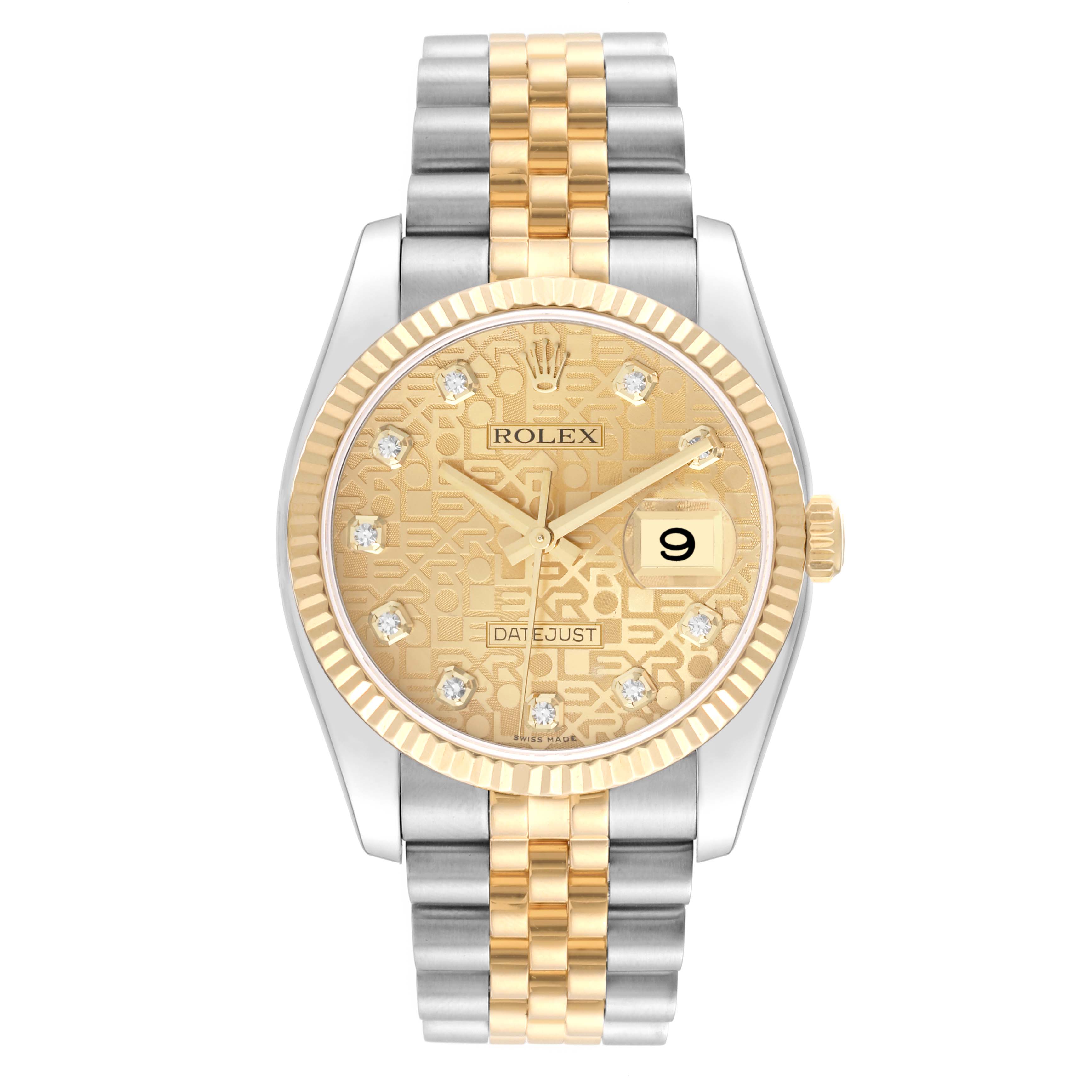 This Rolex Datejust 116233 Men's Steel and Gold (two tone) Champagne Dial 116233 Men's Steel and Gold (two tone) Champagne Dial watch is shown from a front angle, highlighting the dial, hands, bezel, and jubilee bracelet.
