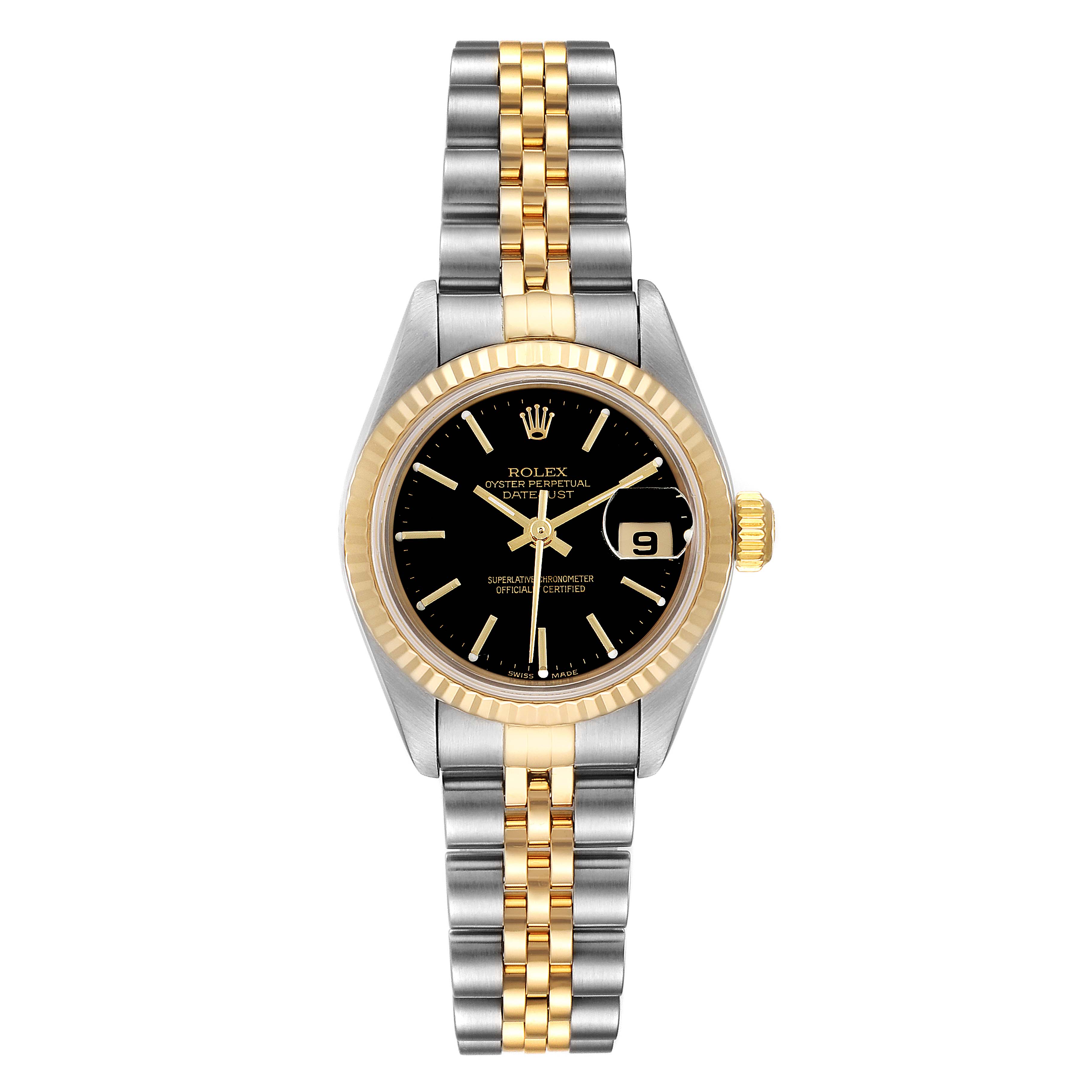 This image shows a Rolex Datejust 79173 Women
s Steel and Gold (two tone) Black Dial 79173 Women
s Steel and Gold (two tone) Black Dial watch from a bird
s-eye view, featuring its face, crown, bezel, and two-tone bracelet.